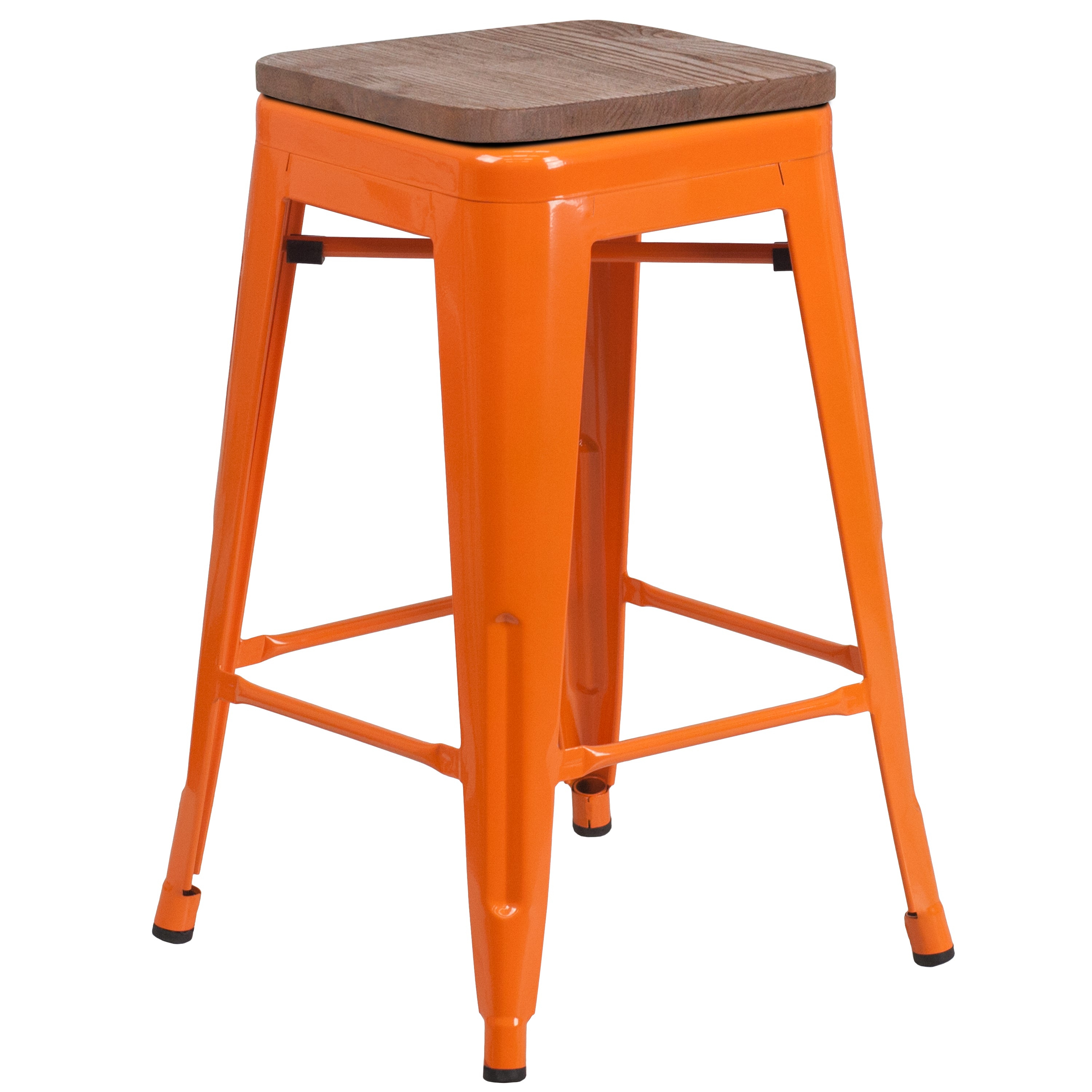 Lily 24" High Backless Orange Metal Counter Height Stool with Square Wood Seat