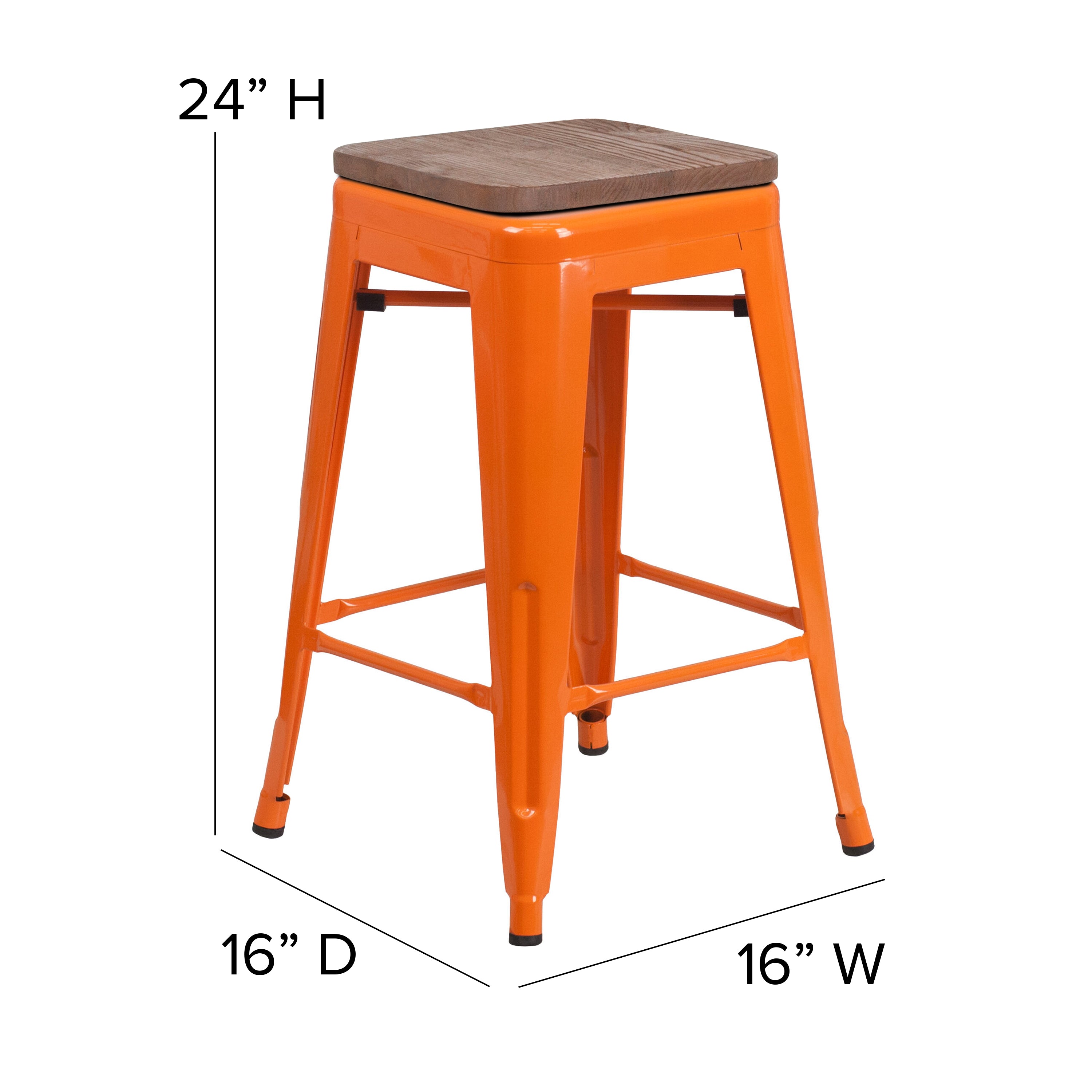 Lily 24" High Backless Orange Metal Counter Height Stool with Square Wood Seat