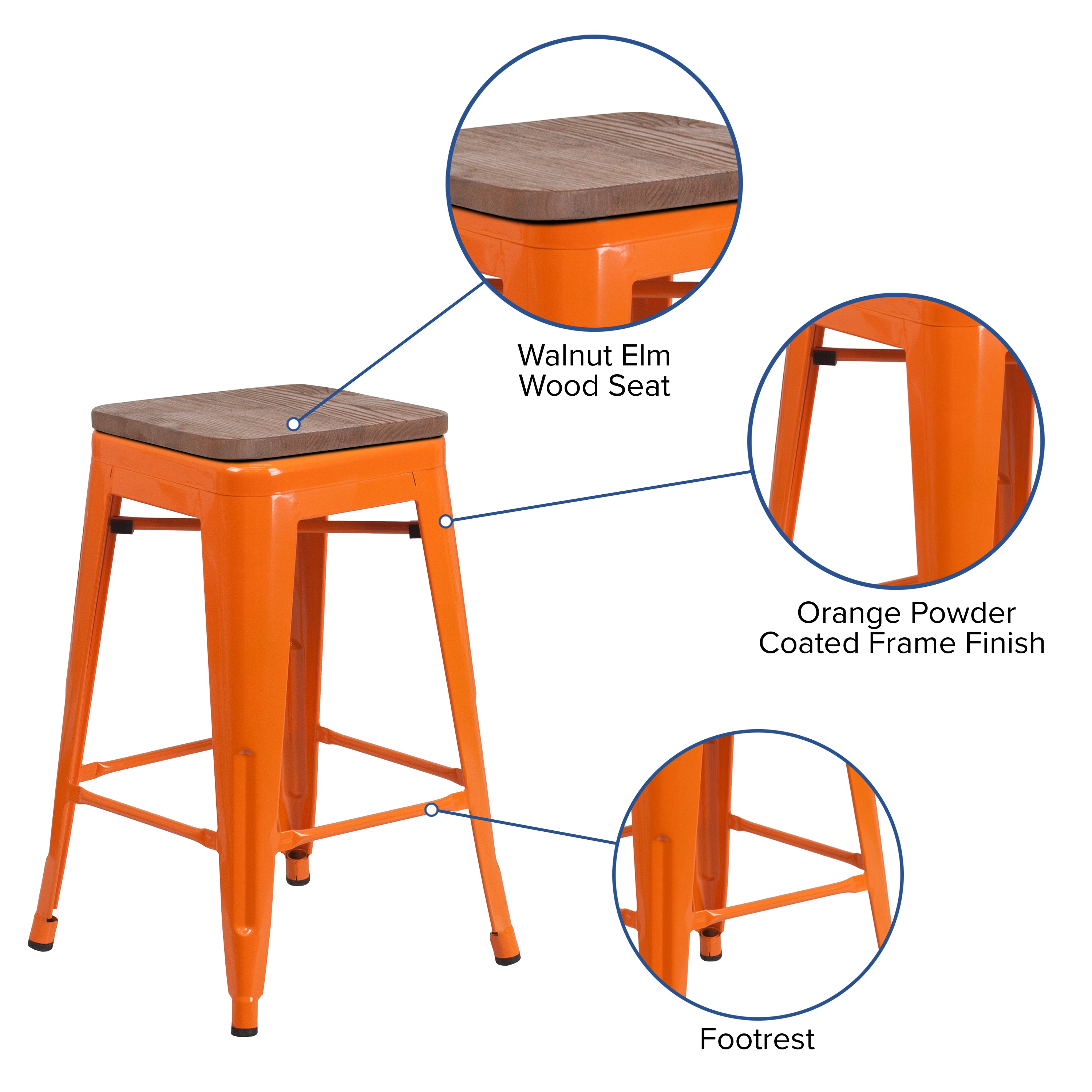 Lily 24" High Backless Orange Metal Counter Height Stool with Square Wood Seat