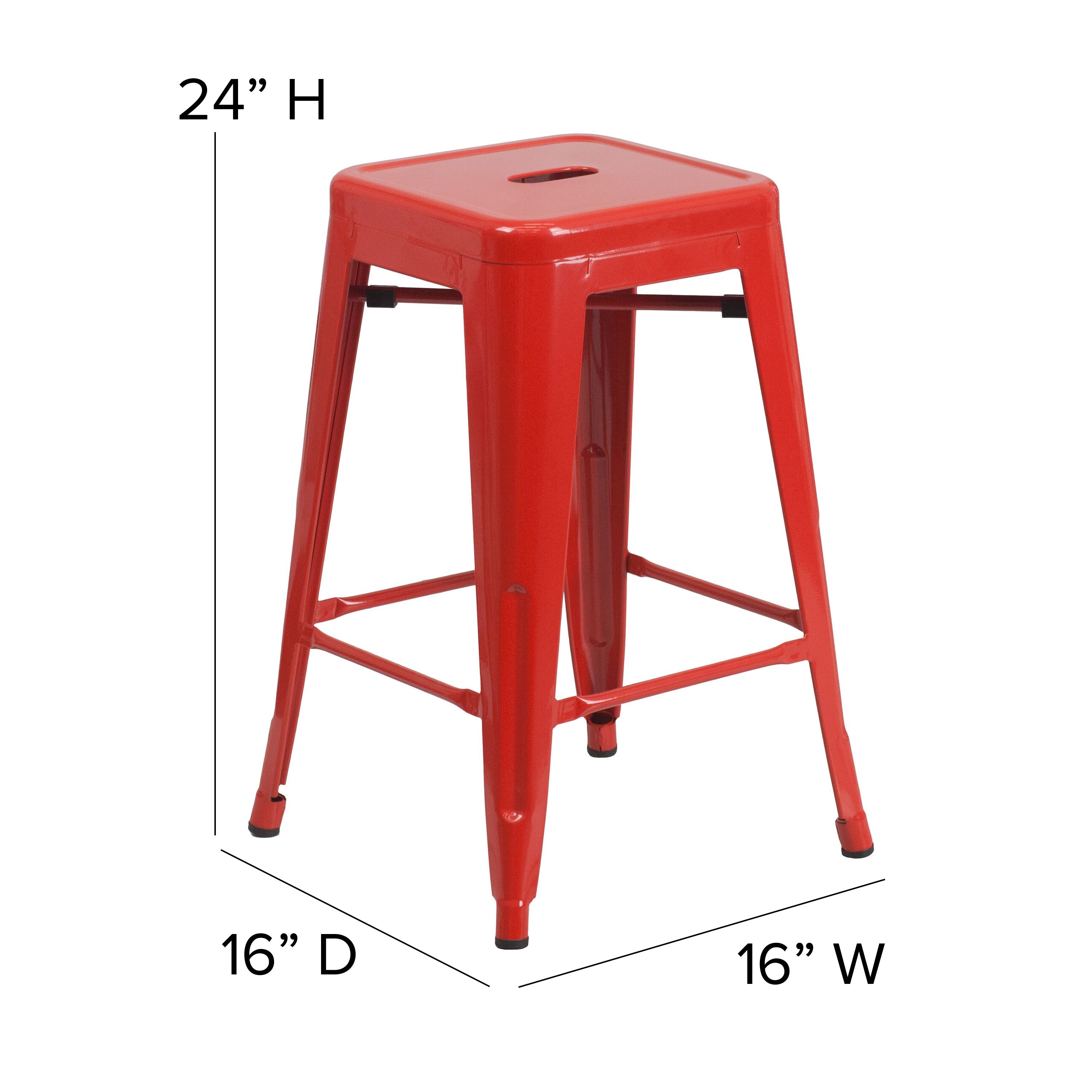 Kai Commercial Grade 24" High Backless Red Metal Indoor-Outdoor Counter Height Stool with Square Seat