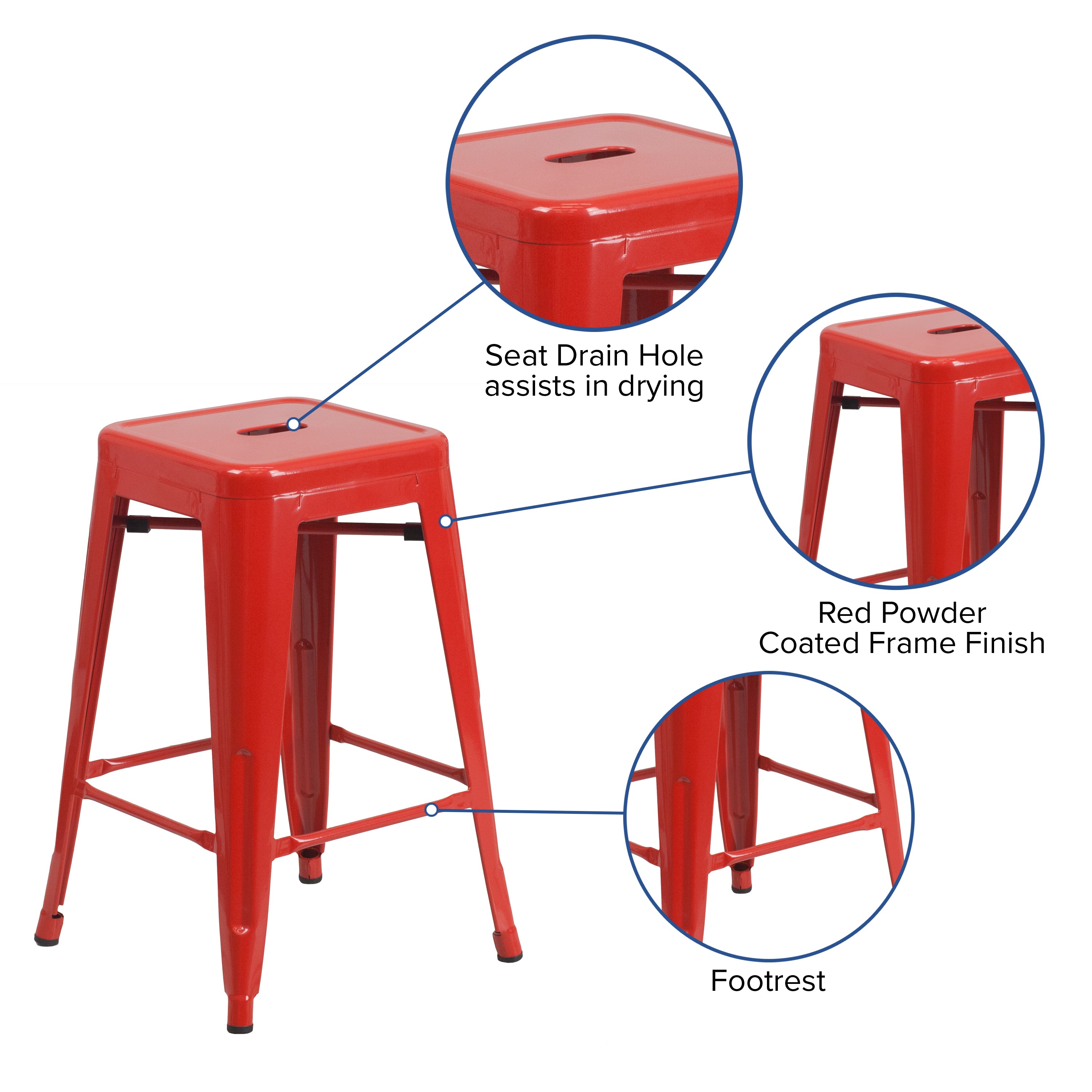 Kai Commercial Grade 24" High Backless Red Metal Indoor-Outdoor Counter Height Stool with Square Seat