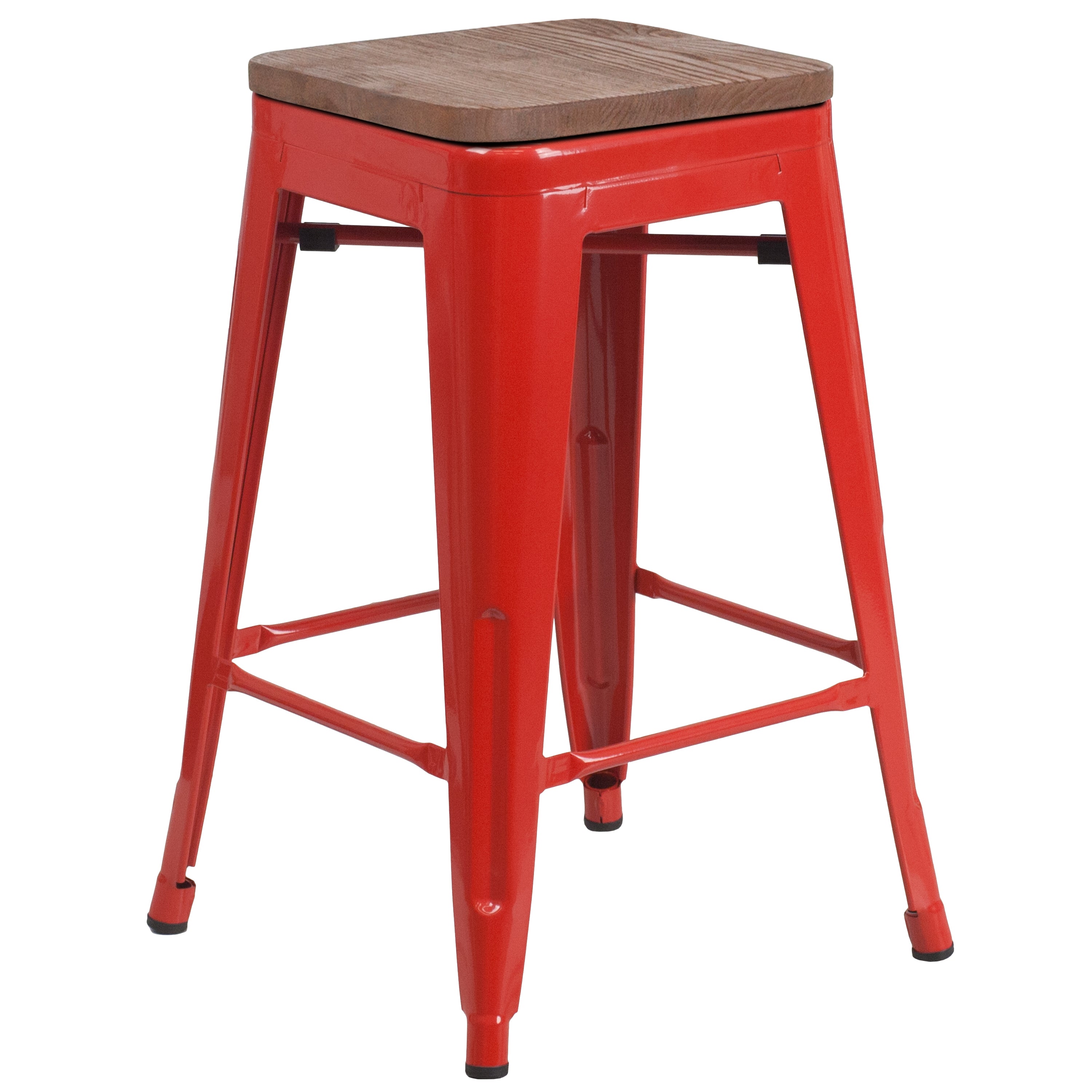 Lily 24" High Backless Red Metal Counter Height Stool with Square Wood Seat