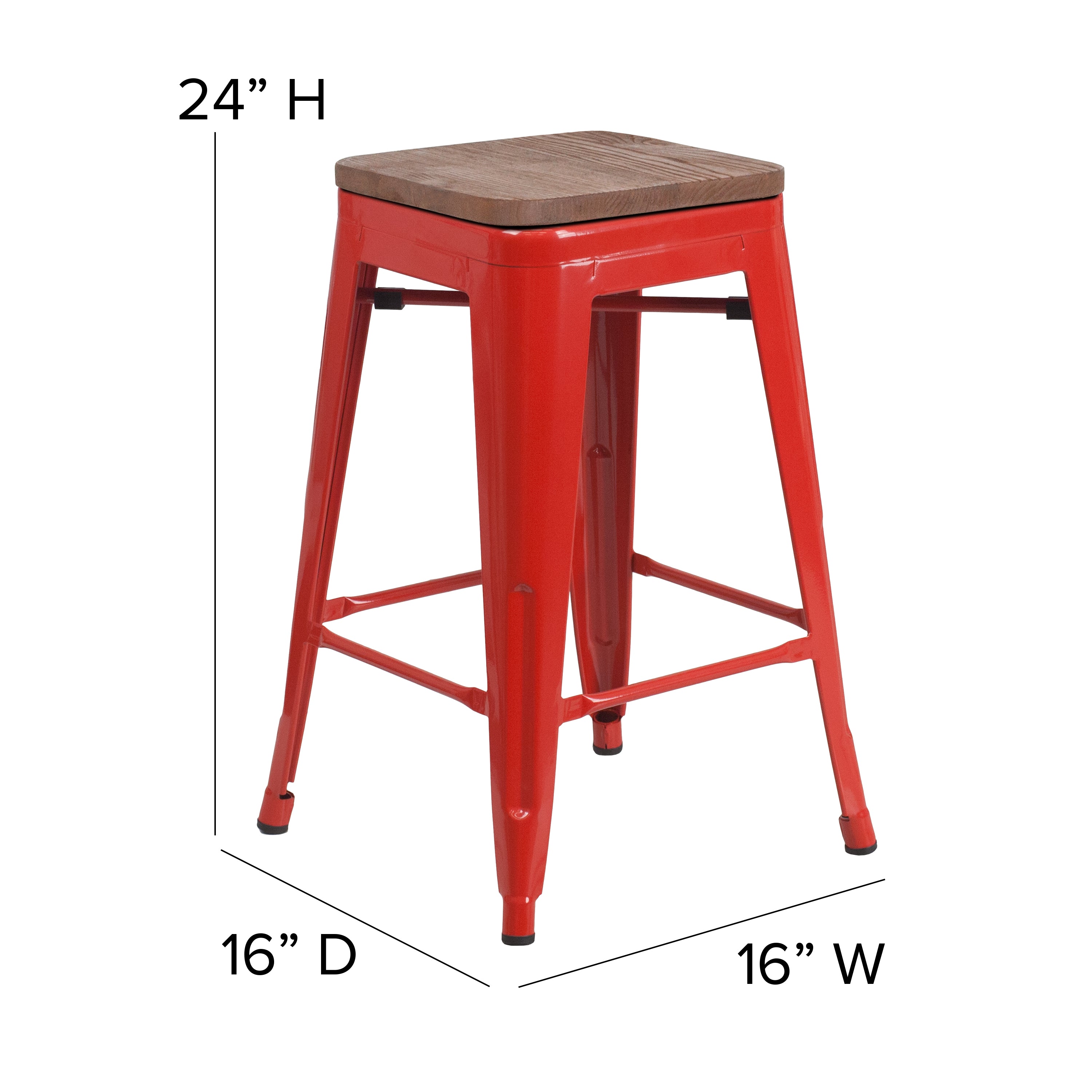 Lily 24" High Backless Red Metal Counter Height Stool with Square Wood Seat