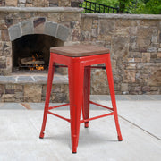 Lily 24" High Backless Red Metal Counter Height Stool with Square Wood Seat