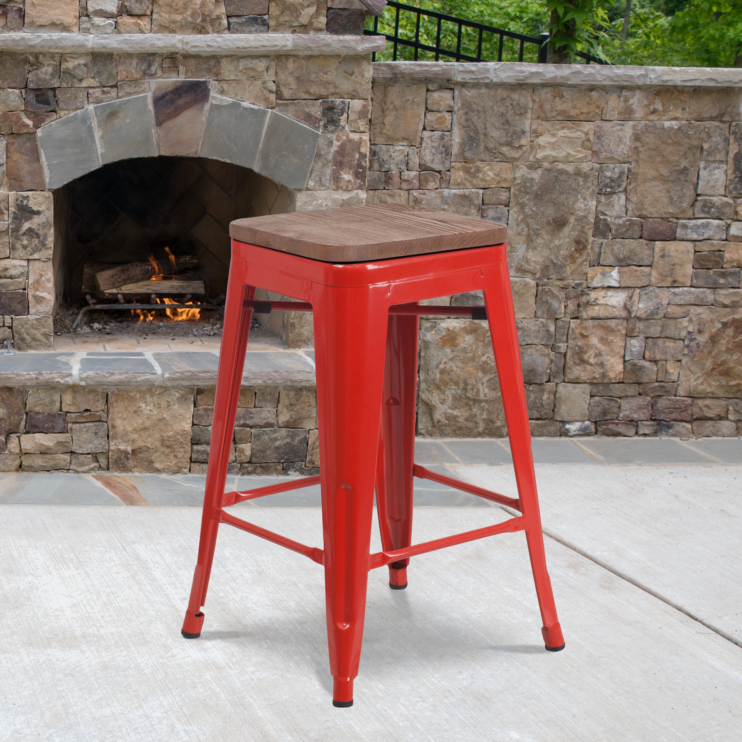 Lily 24" High Backless Red Metal Counter Height Stool with Square Wood Seat