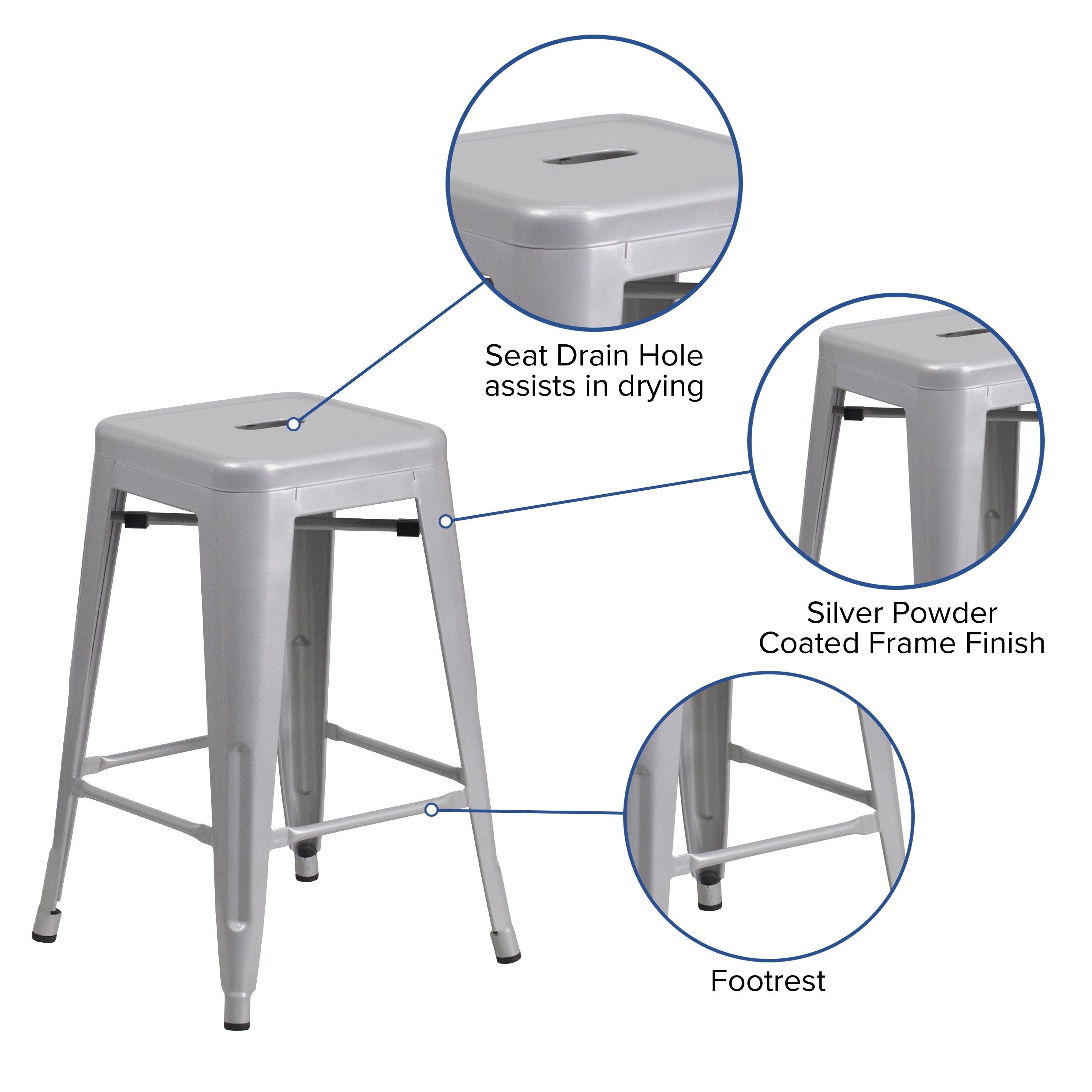 Kai Commercial Grade 24" High Backless Silver Metal Indoor-Outdoor Counter Height Stool with Square Seat