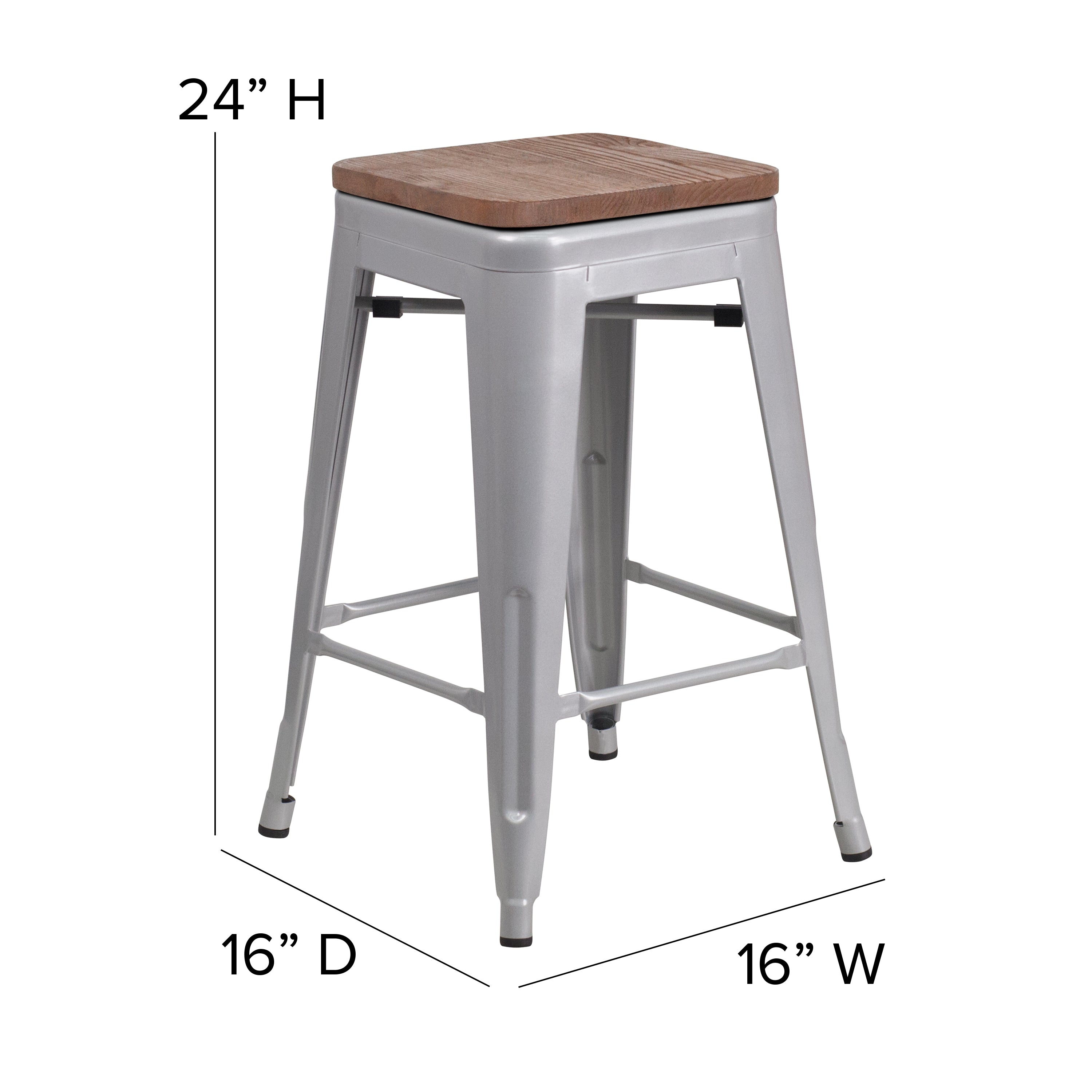 Kai Commercial Grade 24" High Backless Silver Metal Indoor-Outdoor Counter Height Stool with Gray Poly Resin Wood Seat