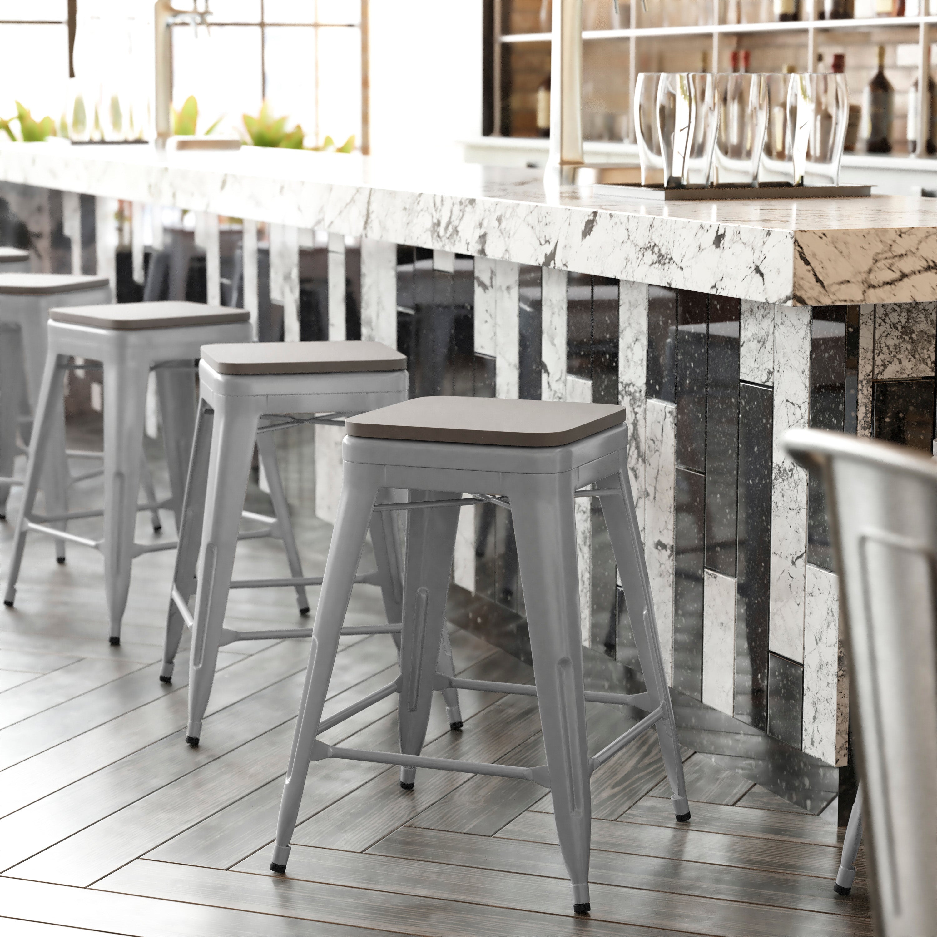 Kai Commercial Grade 24" High Backless Silver Metal Indoor-Outdoor Counter Height Stool with Gray Poly Resin Wood Seat