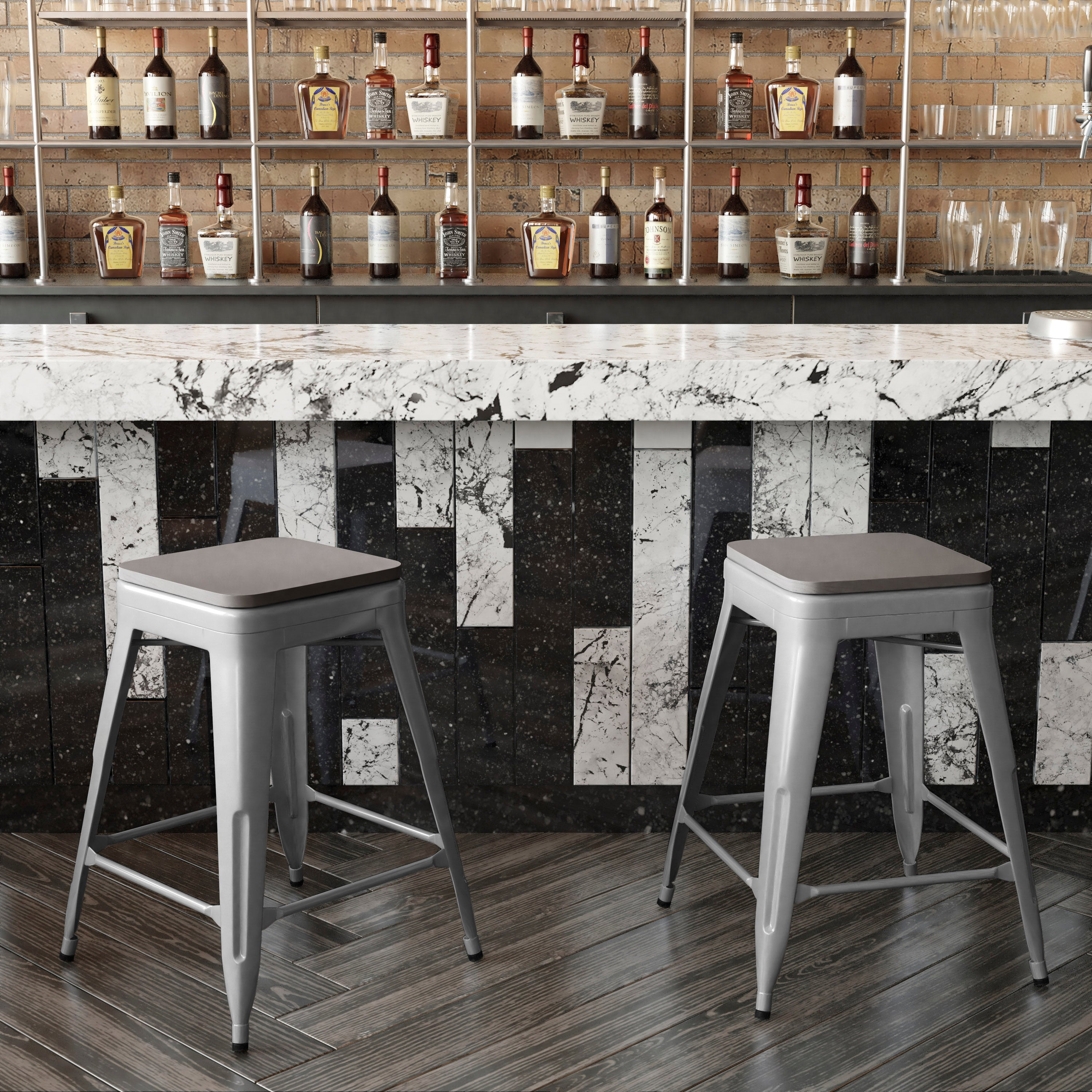 Kai Commercial Grade 24" High Backless Silver Metal Indoor-Outdoor Counter Height Stool with Gray Poly Resin Wood Seat