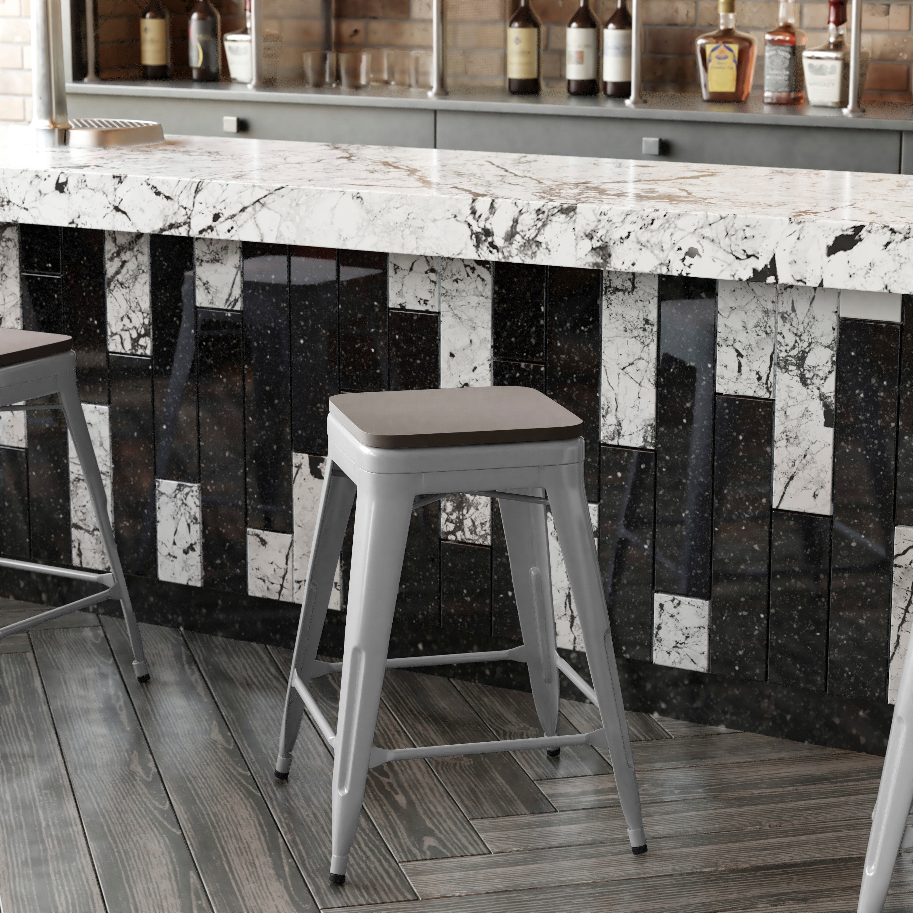 Kai Commercial Grade 24" High Backless Silver Metal Indoor-Outdoor Counter Height Stool with Gray Poly Resin Wood Seat
