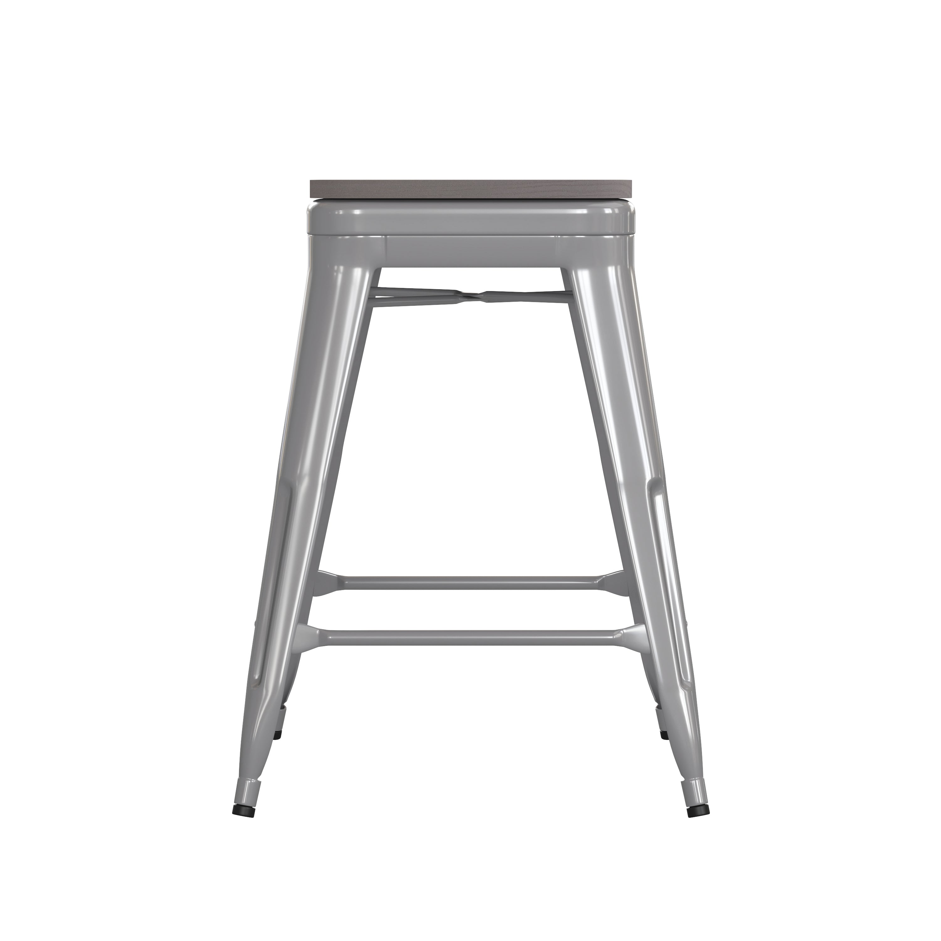 Kai Commercial Grade 24" High Backless Silver Metal Indoor-Outdoor Counter Height Stool with Gray Poly Resin Wood Seat