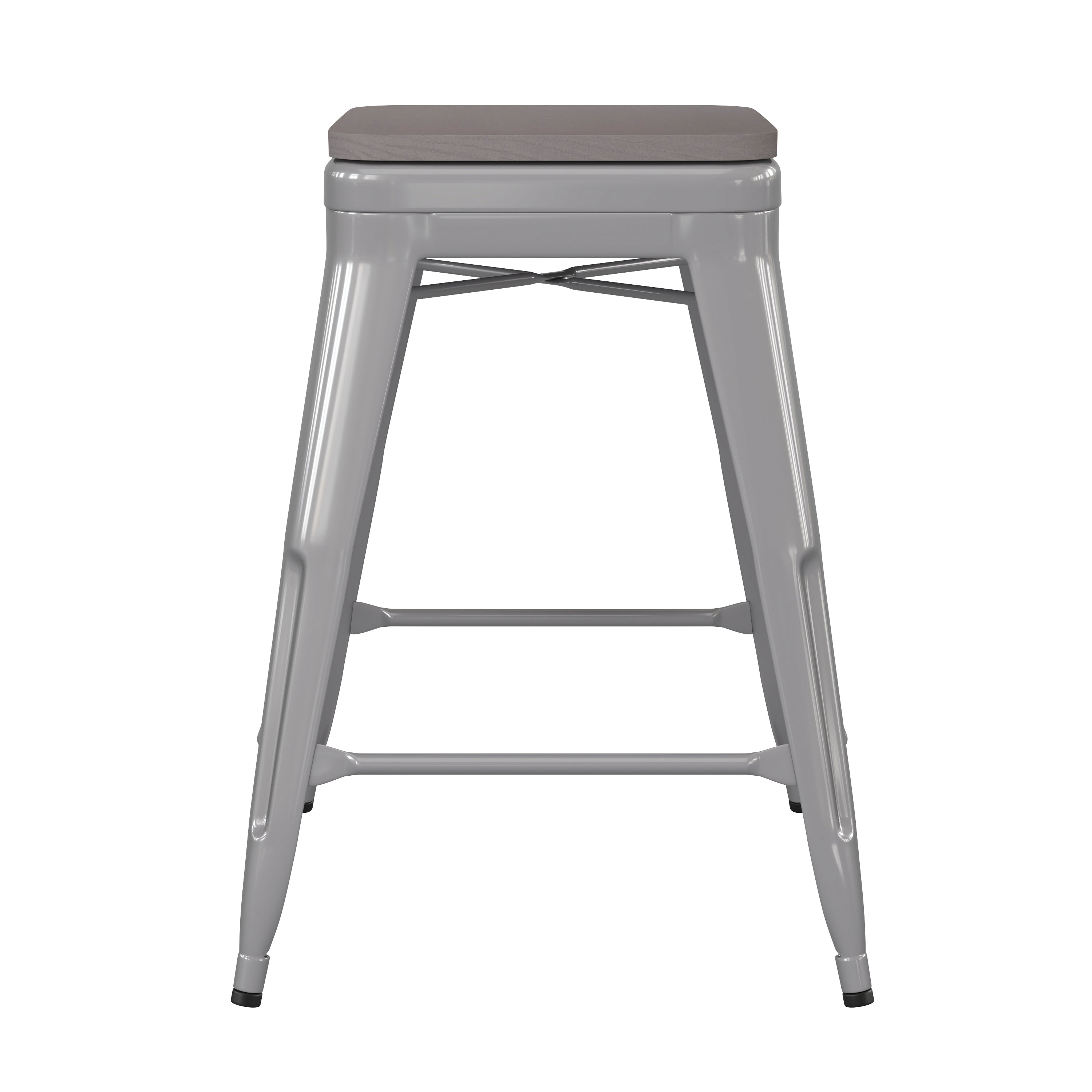 Kai Commercial Grade 24" High Backless Silver Metal Indoor-Outdoor Counter Height Stool with Gray Poly Resin Wood Seat