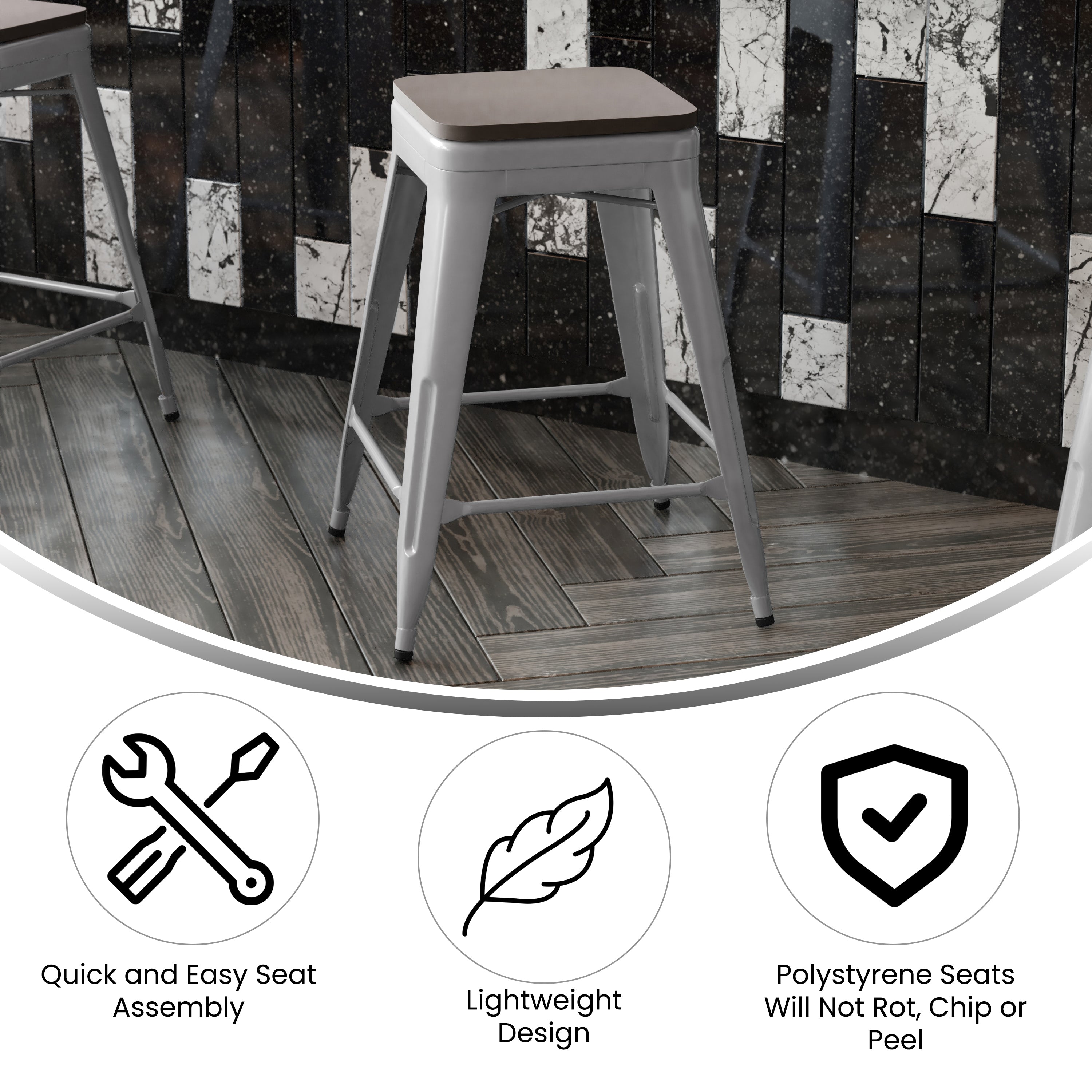 Kai Commercial Grade 24" High Backless Silver Metal Indoor-Outdoor Counter Height Stool with Gray Poly Resin Wood Seat