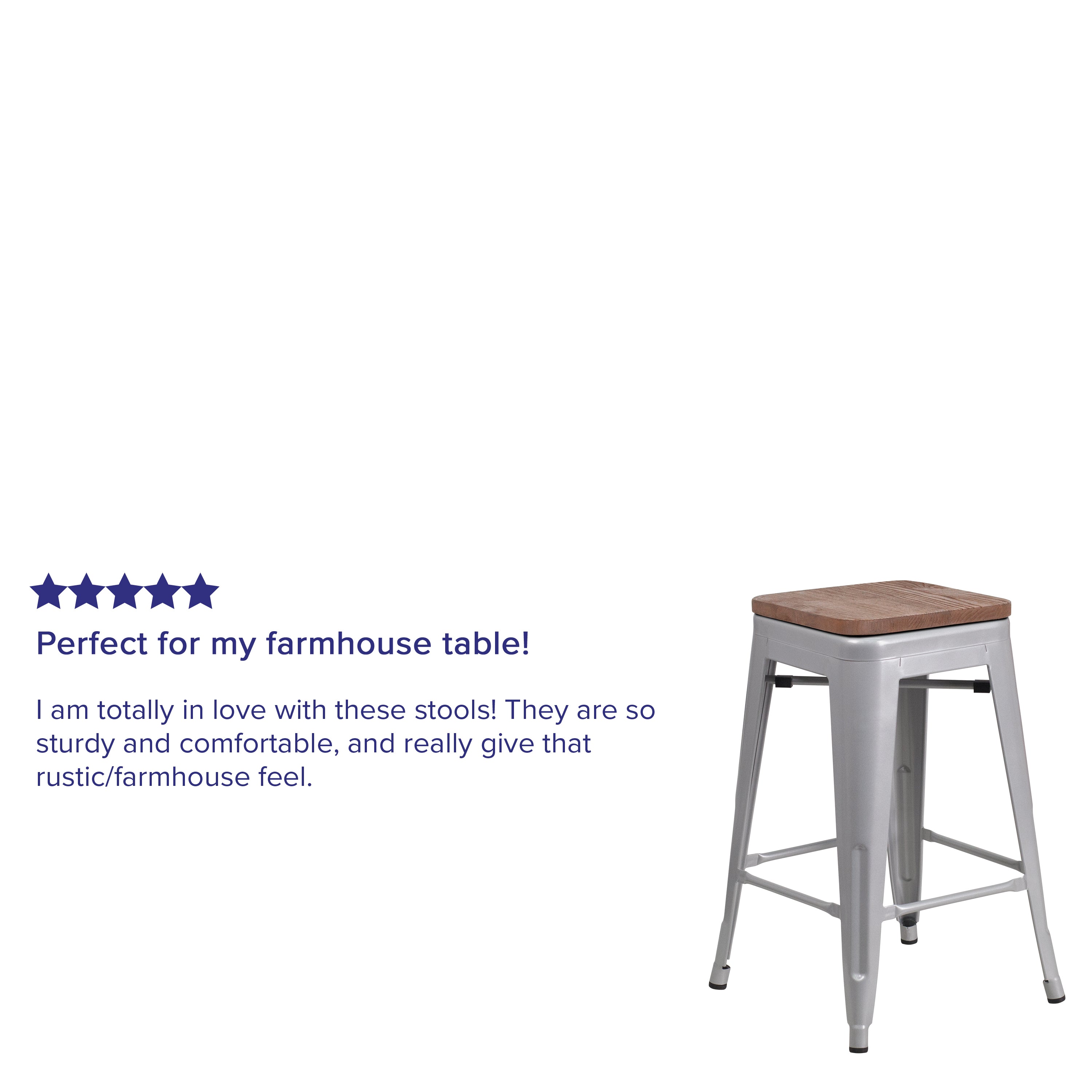 Lily 24" High Backless Silver Metal Counter Height Stool with Square Wood Seat