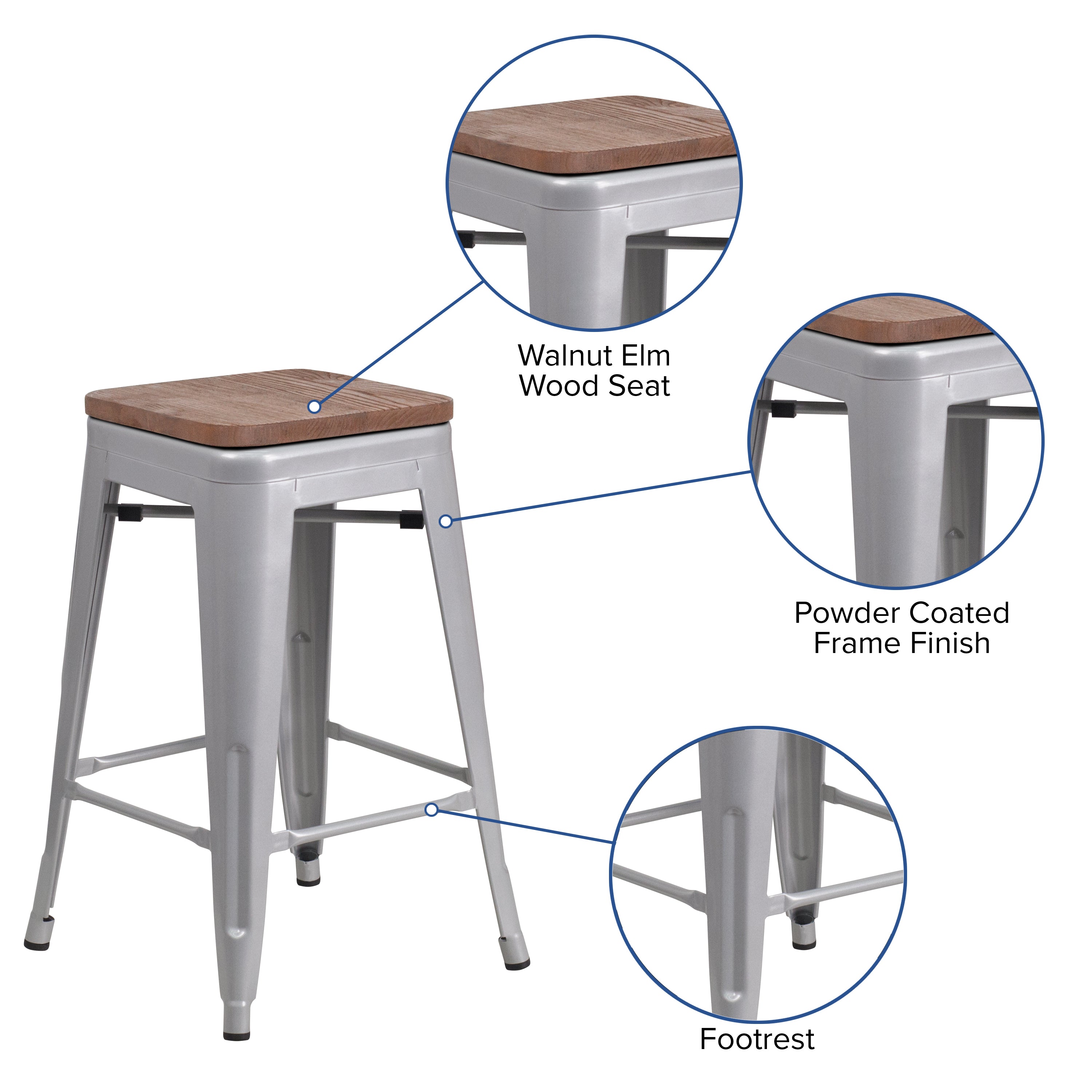 Lily 24" High Backless Silver Metal Counter Height Stool with Square Wood Seat