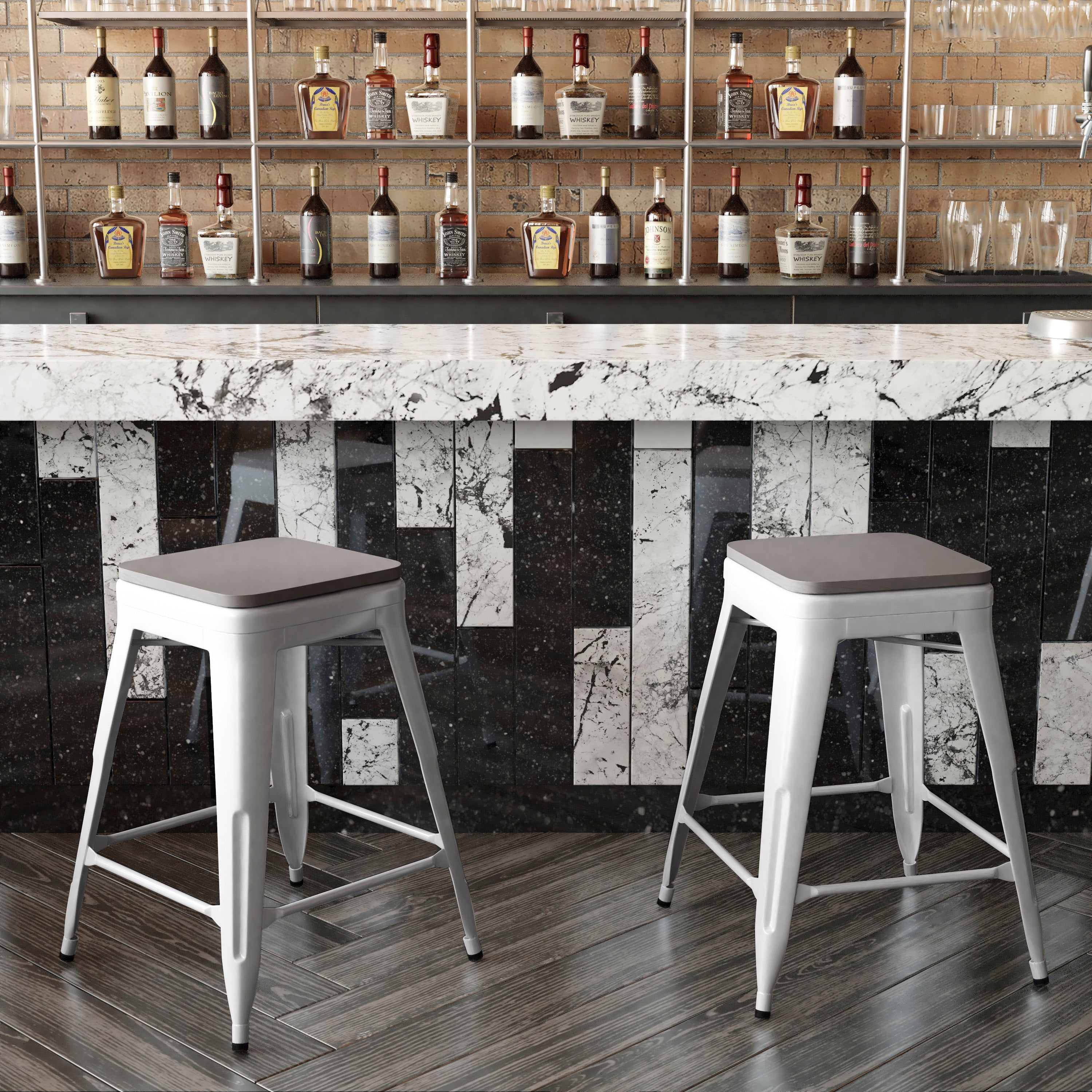 Kai Commercial Grade 24" High Backless White Metal Indoor-Outdoor Counter Height Stool with Gray Poly Resin Wood Seat
