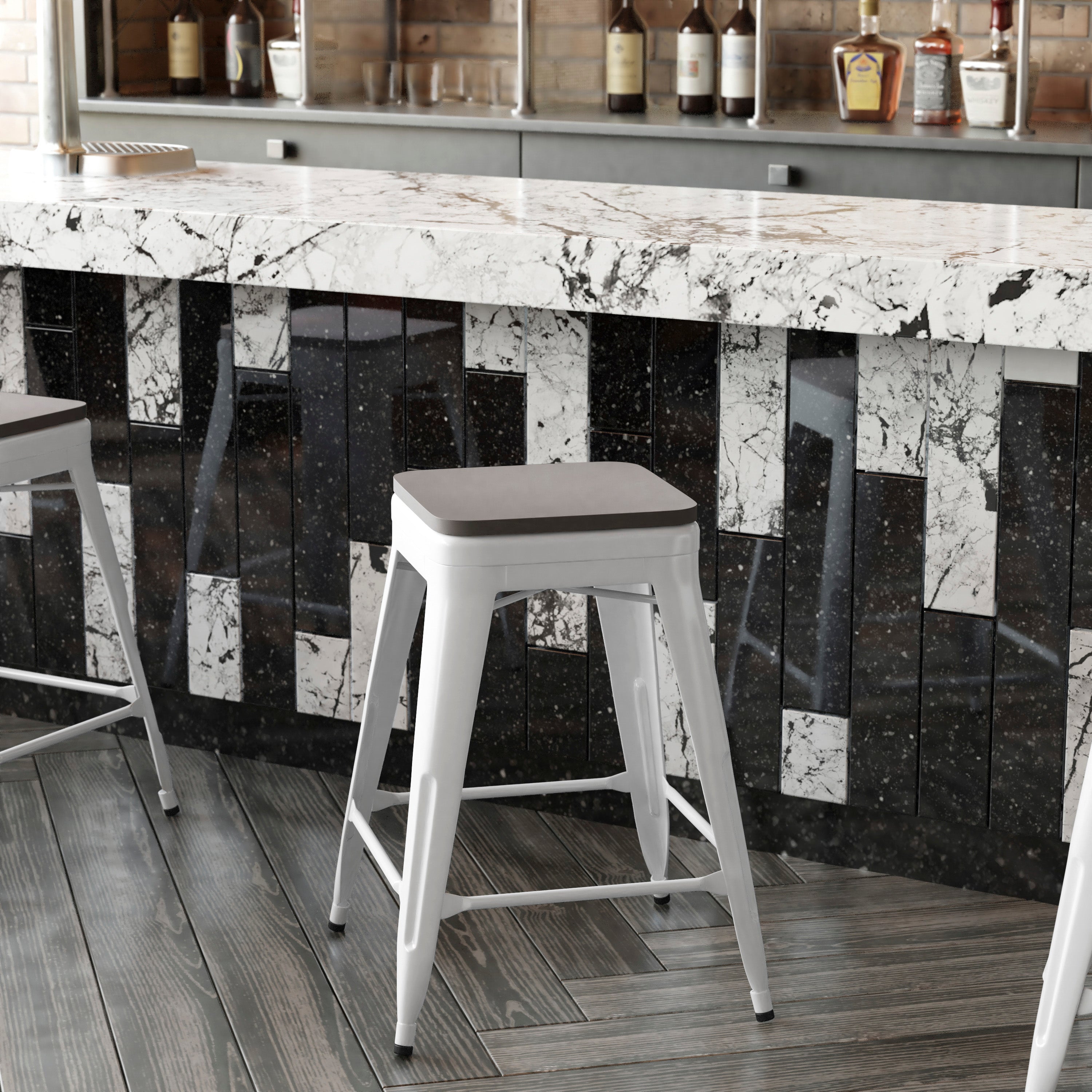 Kai Commercial Grade 24" High Backless White Metal Indoor-Outdoor Counter Height Stool with Gray Poly Resin Wood Seat