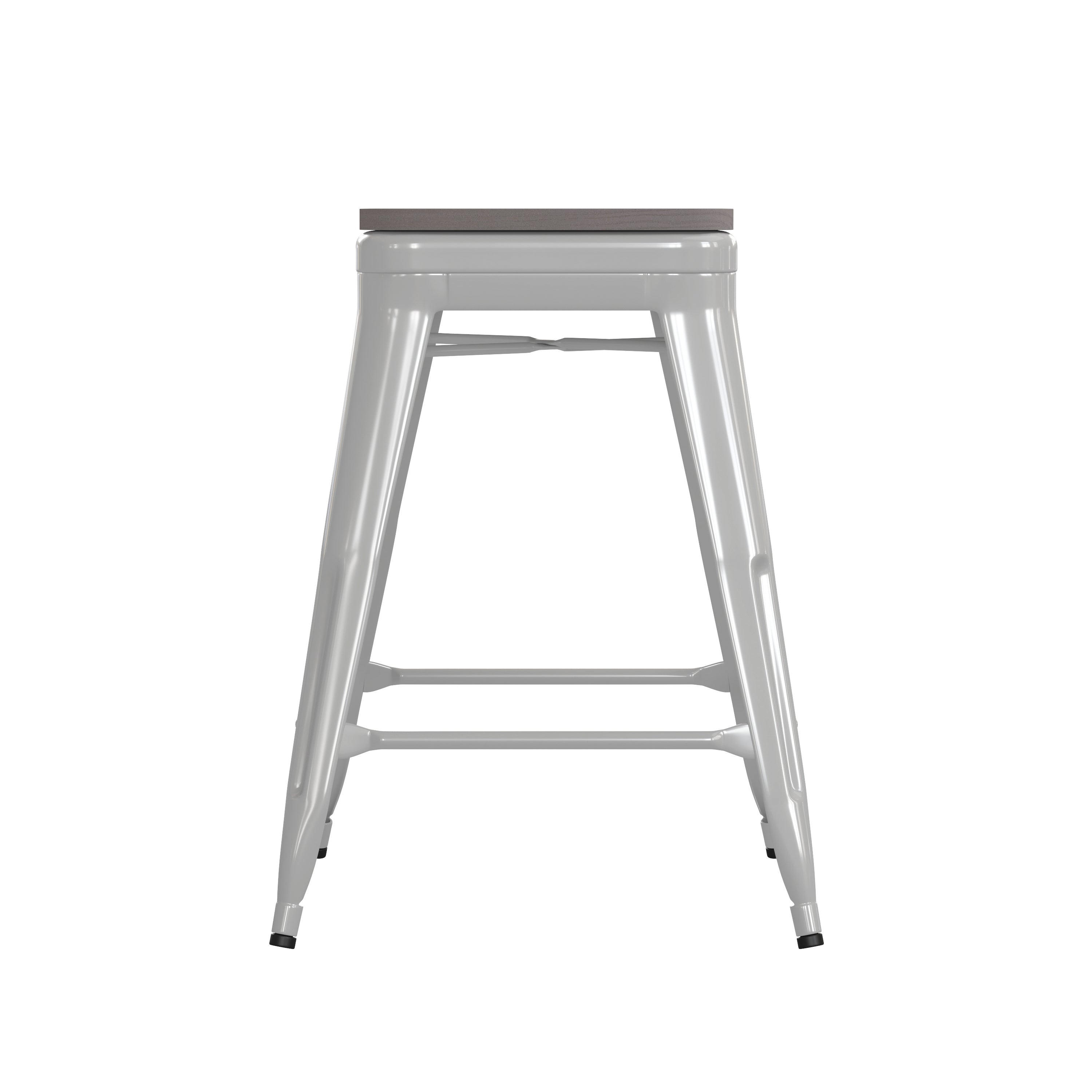 Kai Commercial Grade 24" High Backless White Metal Indoor-Outdoor Counter Height Stool with Gray Poly Resin Wood Seat