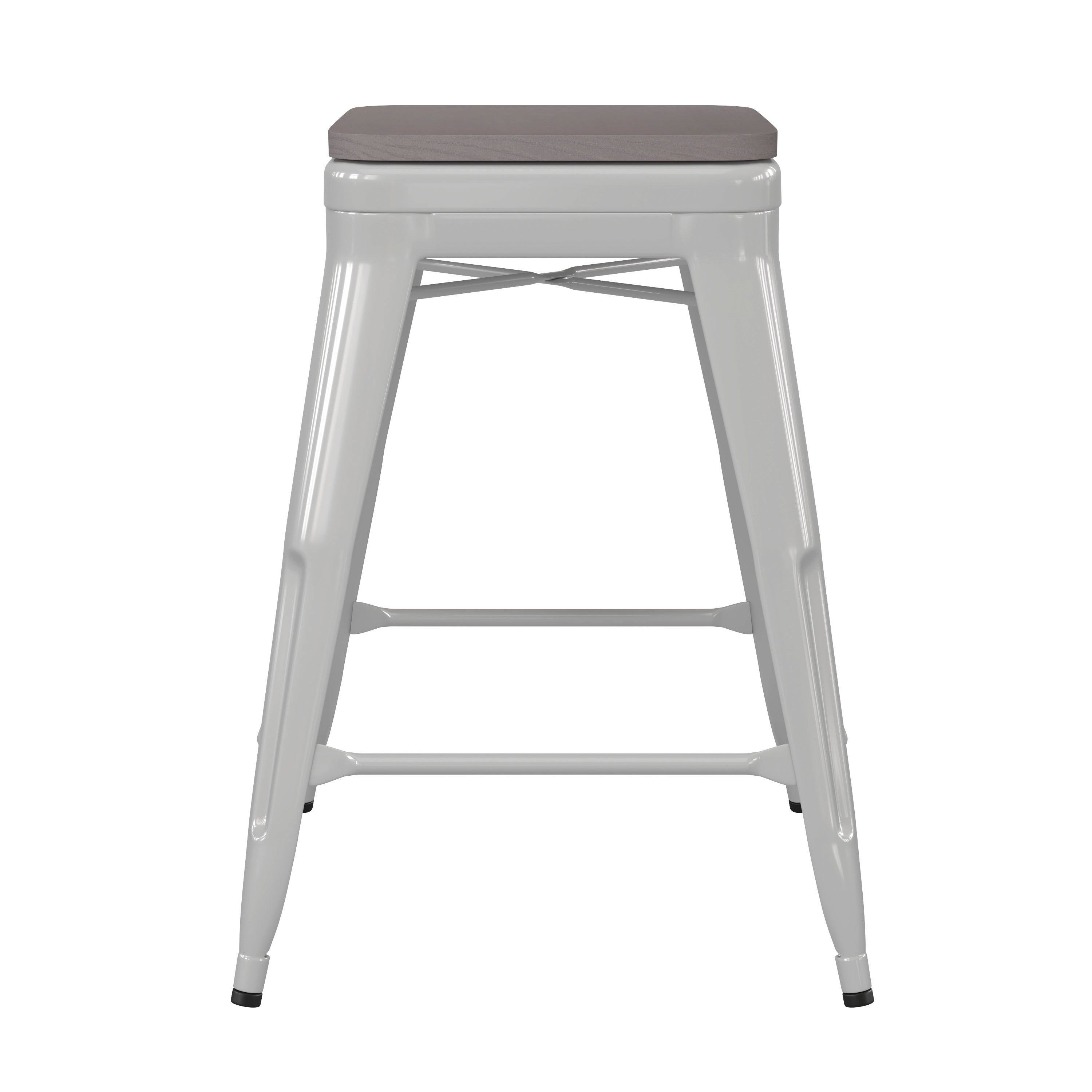 Kai Commercial Grade 24" High Backless White Metal Indoor-Outdoor Counter Height Stool with Gray Poly Resin Wood Seat