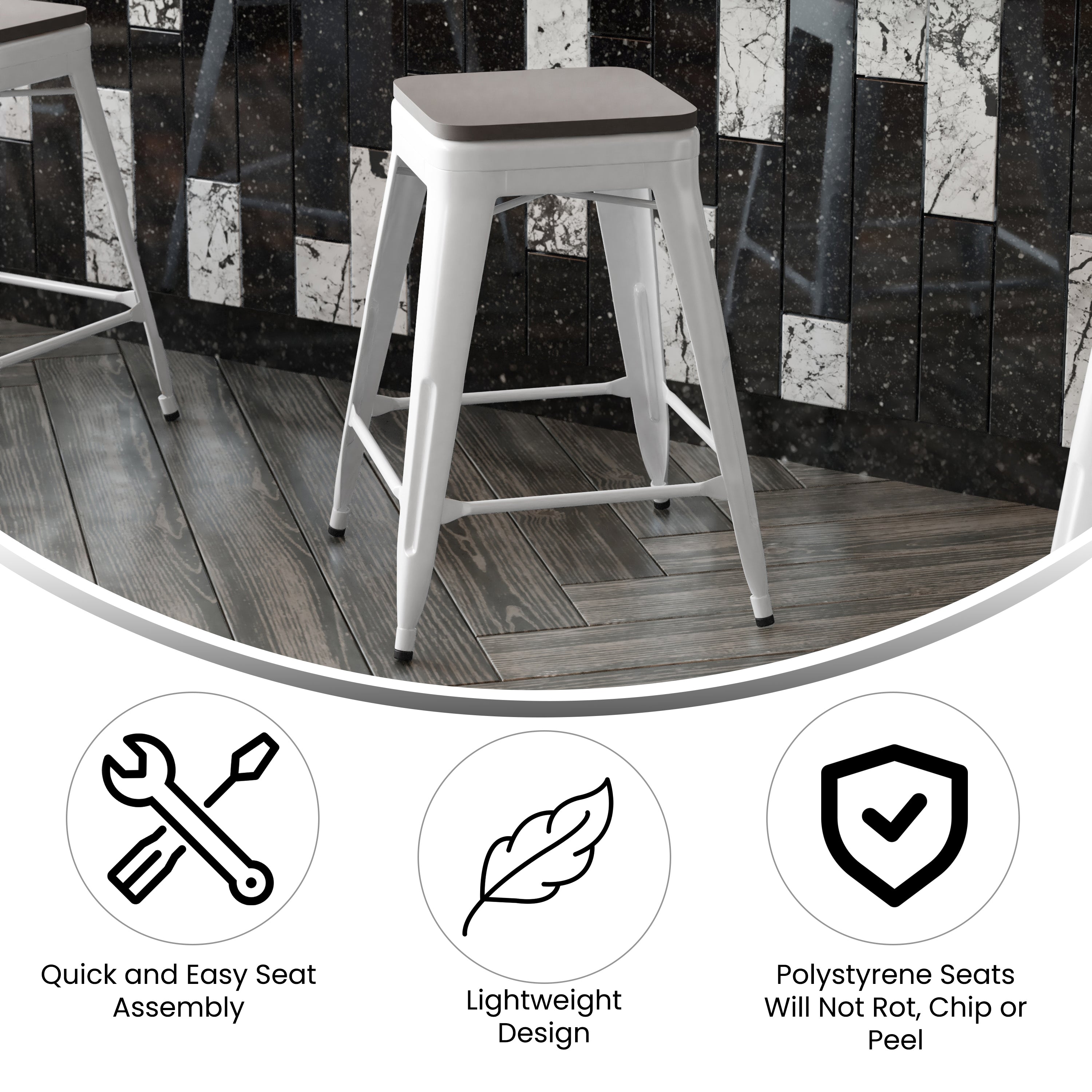 Kai Commercial Grade 24" High Backless White Metal Indoor-Outdoor Counter Height Stool with Gray Poly Resin Wood Seat