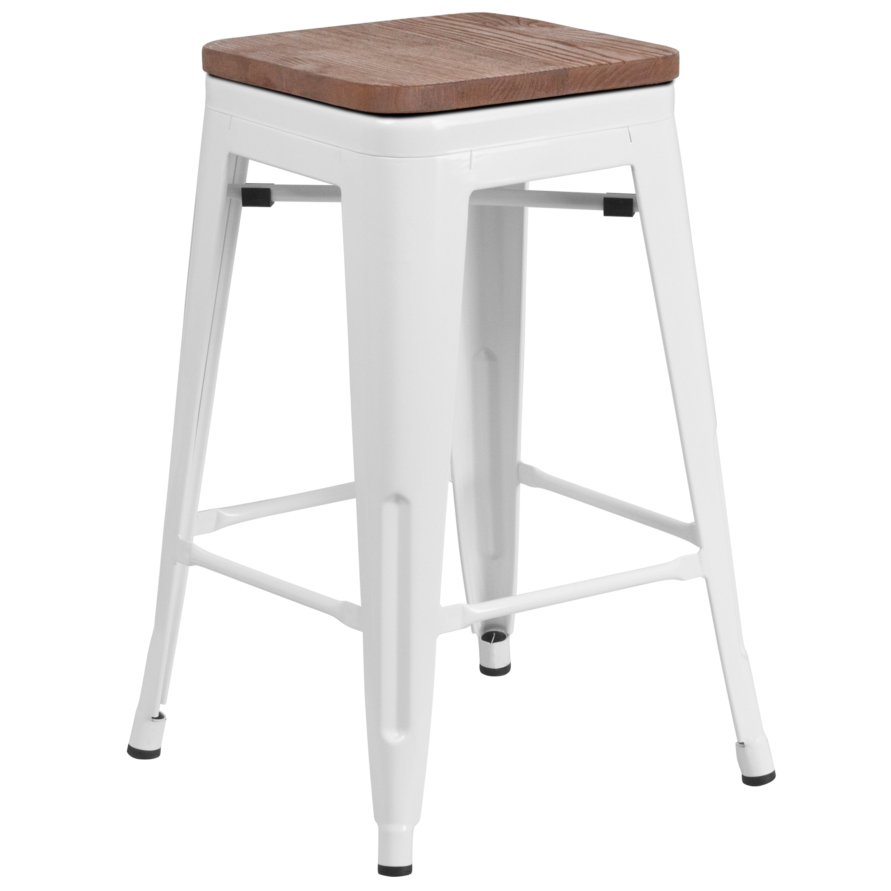 Lily 24" High Backless White Metal Counter Height Stool with Square Wood Seat