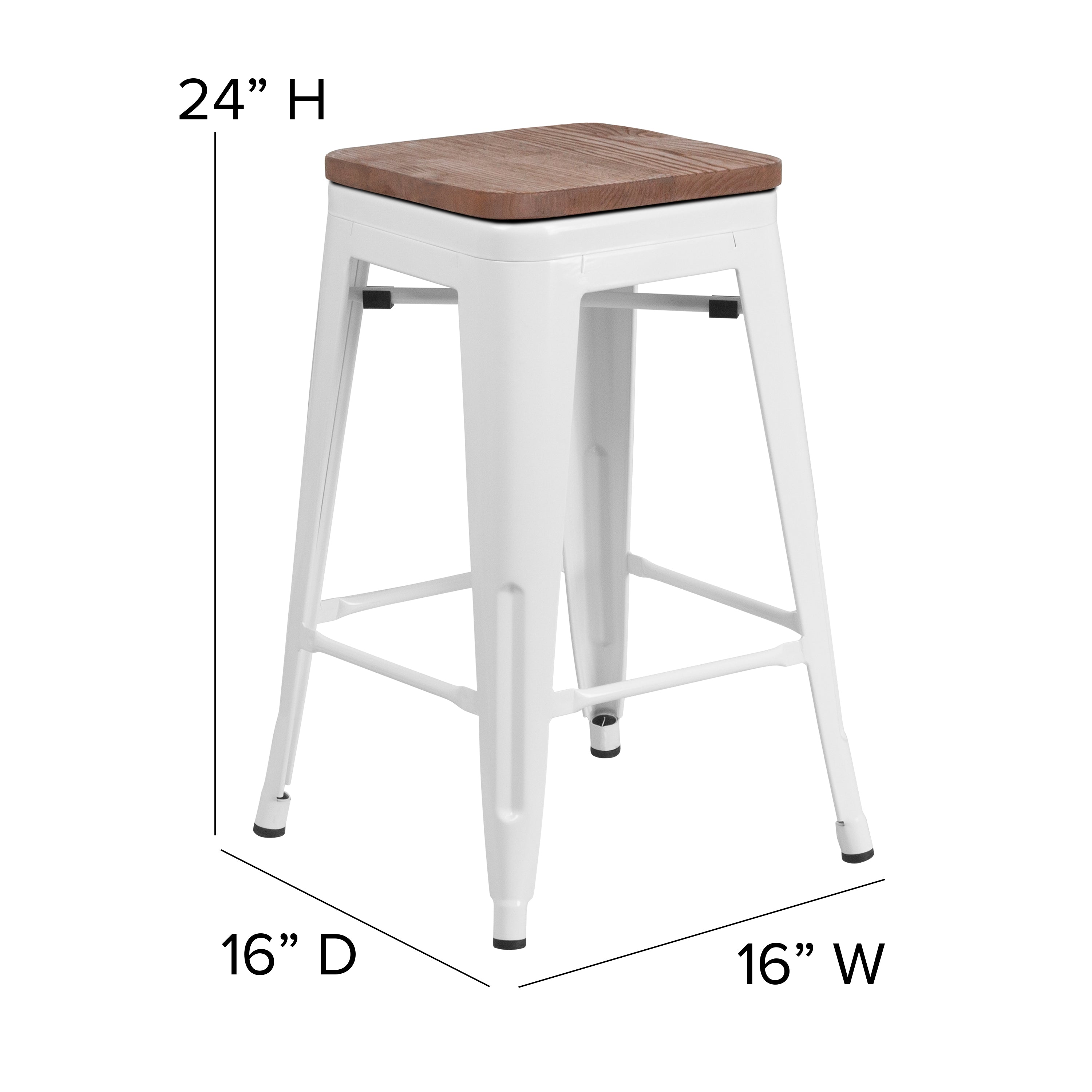 Lily 24" High Backless White Metal Counter Height Stool with Square Wood Seat