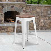 Lily 24" High Backless White Metal Counter Height Stool with Square Wood Seat