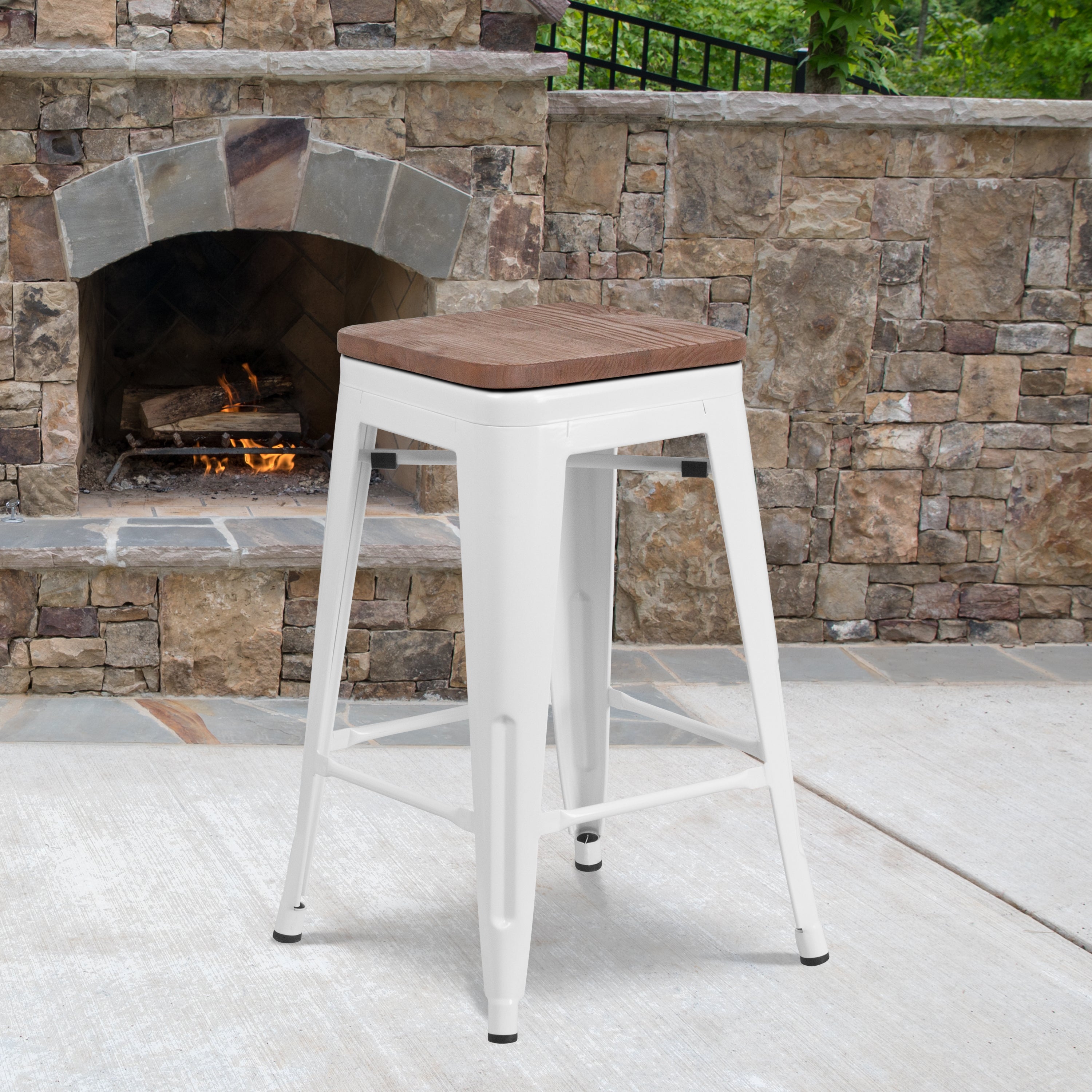 Lily 24" High Backless White Metal Counter Height Stool with Square Wood Seat