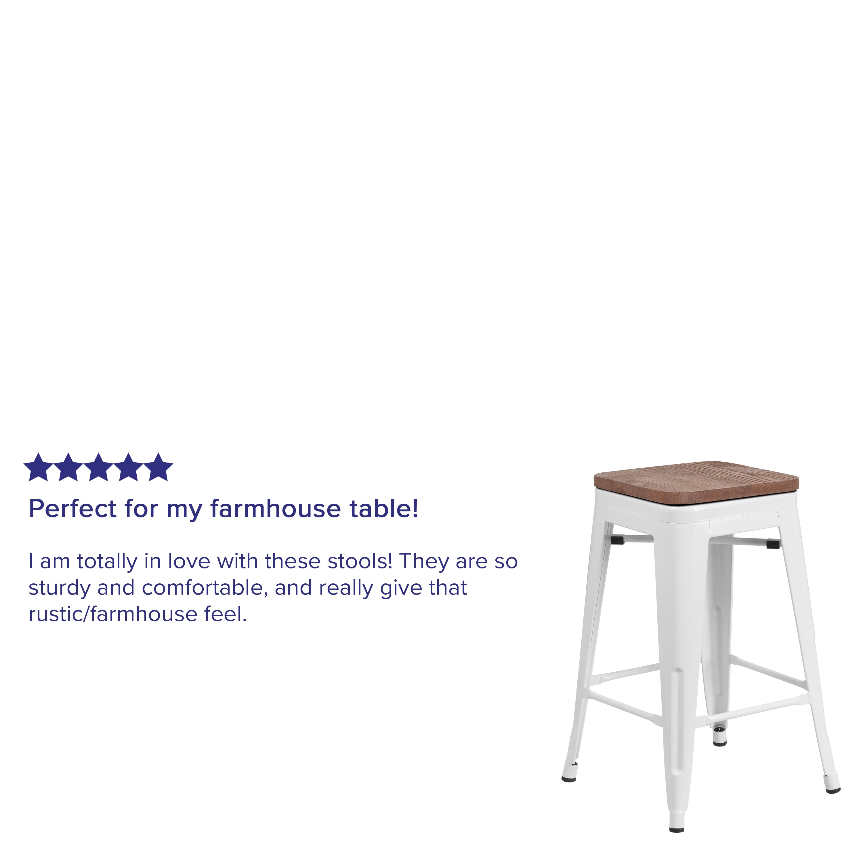 Lily 24" High Backless White Metal Counter Height Stool with Square Wood Seat