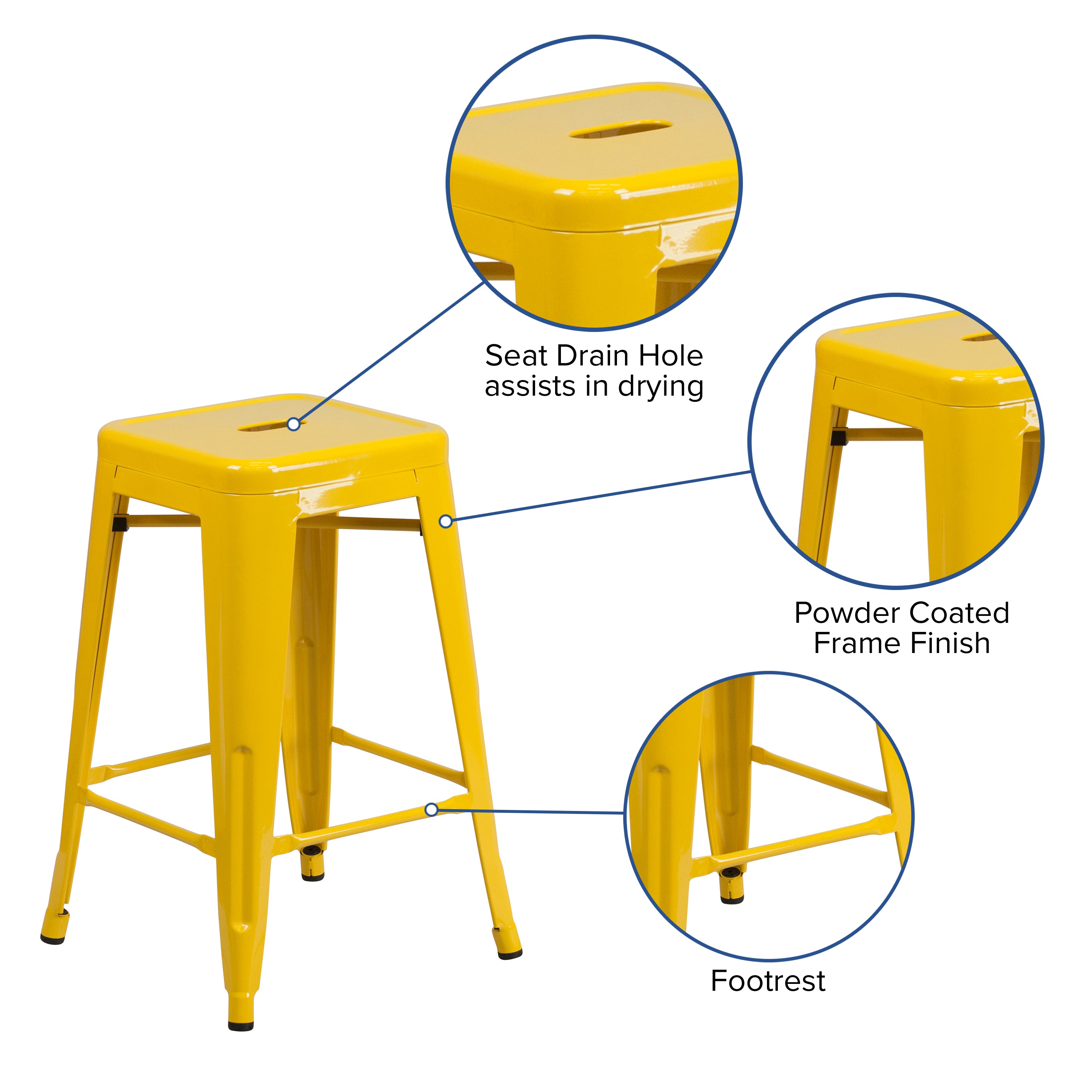 Kai Commercial Grade 24" High Backless Yellow Metal Indoor-Outdoor Counter Height Stool with Square Seat