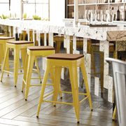 Kai Commercial Grade 24" High Backless Yellow Metal Indoor-Outdoor Counter Height Stool with Teak Poly Resin Wood Seat