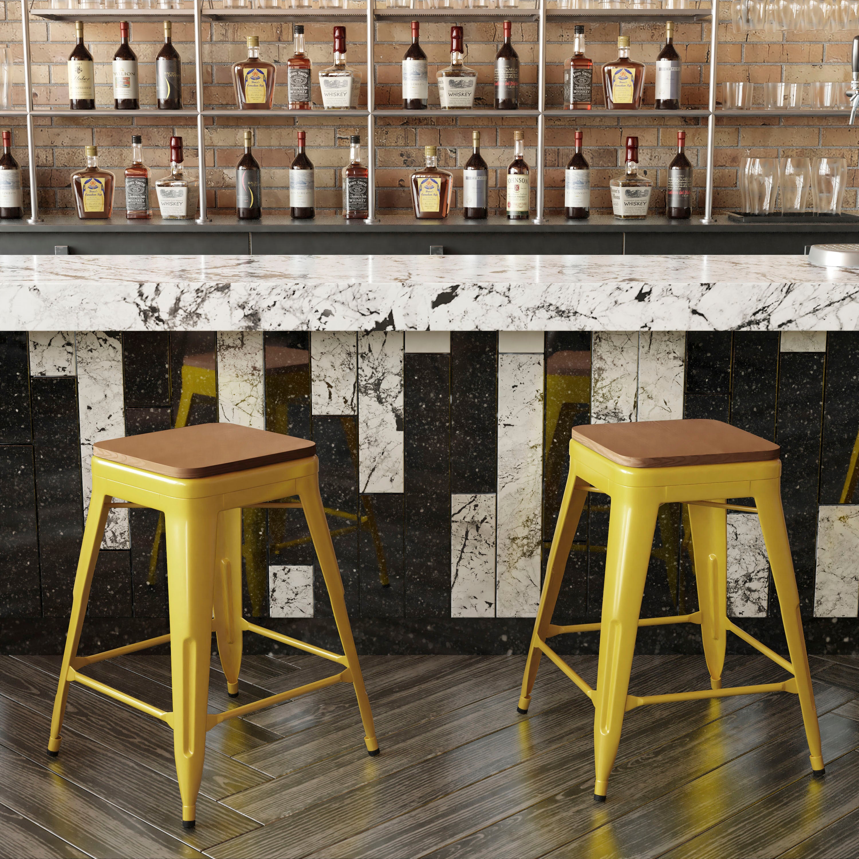 Kai Commercial Grade 24" High Backless Yellow Metal Indoor-Outdoor Counter Height Stool with Teak Poly Resin Wood Seat