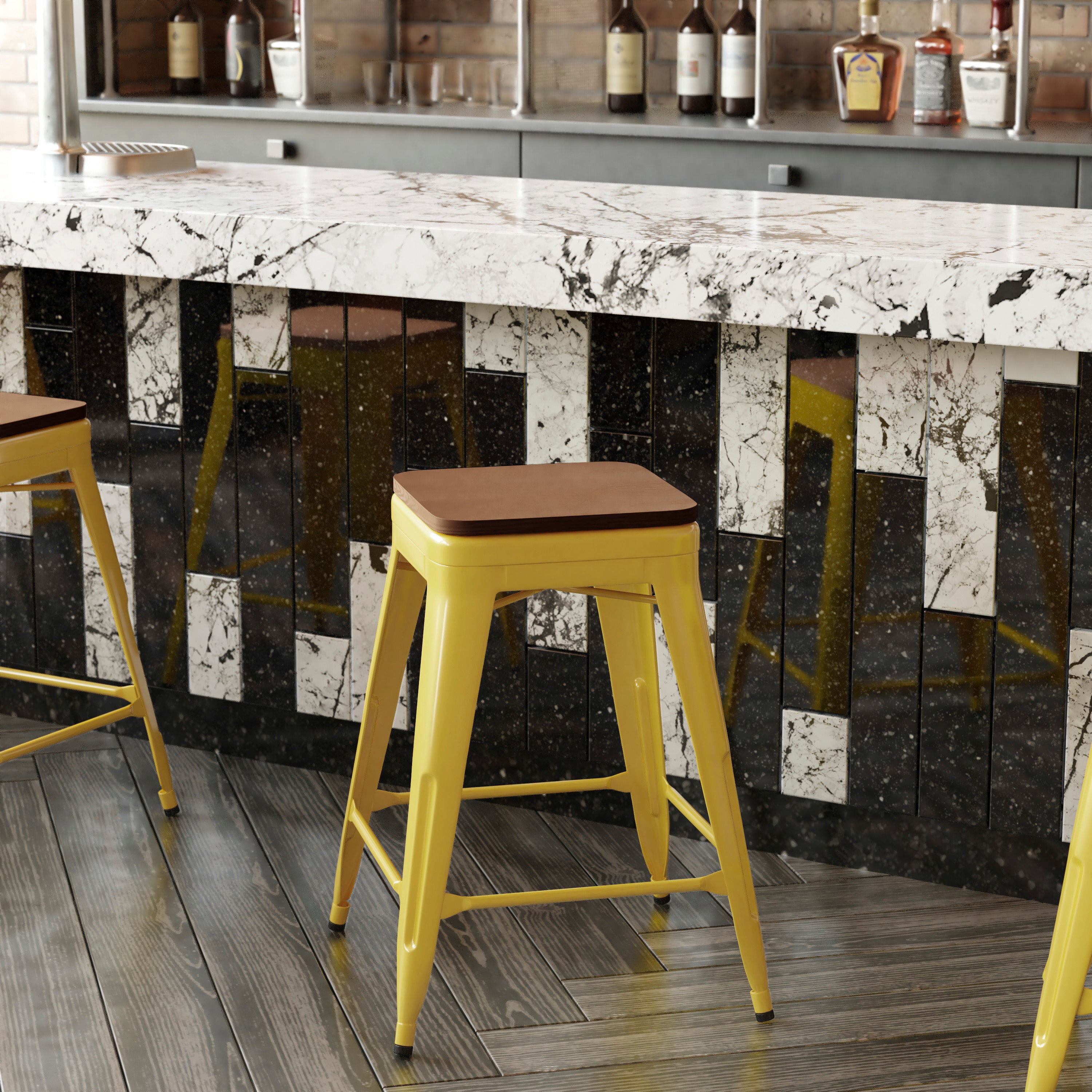 Kai Commercial Grade 24" High Backless Yellow Metal Indoor-Outdoor Counter Height Stool with Teak Poly Resin Wood Seat