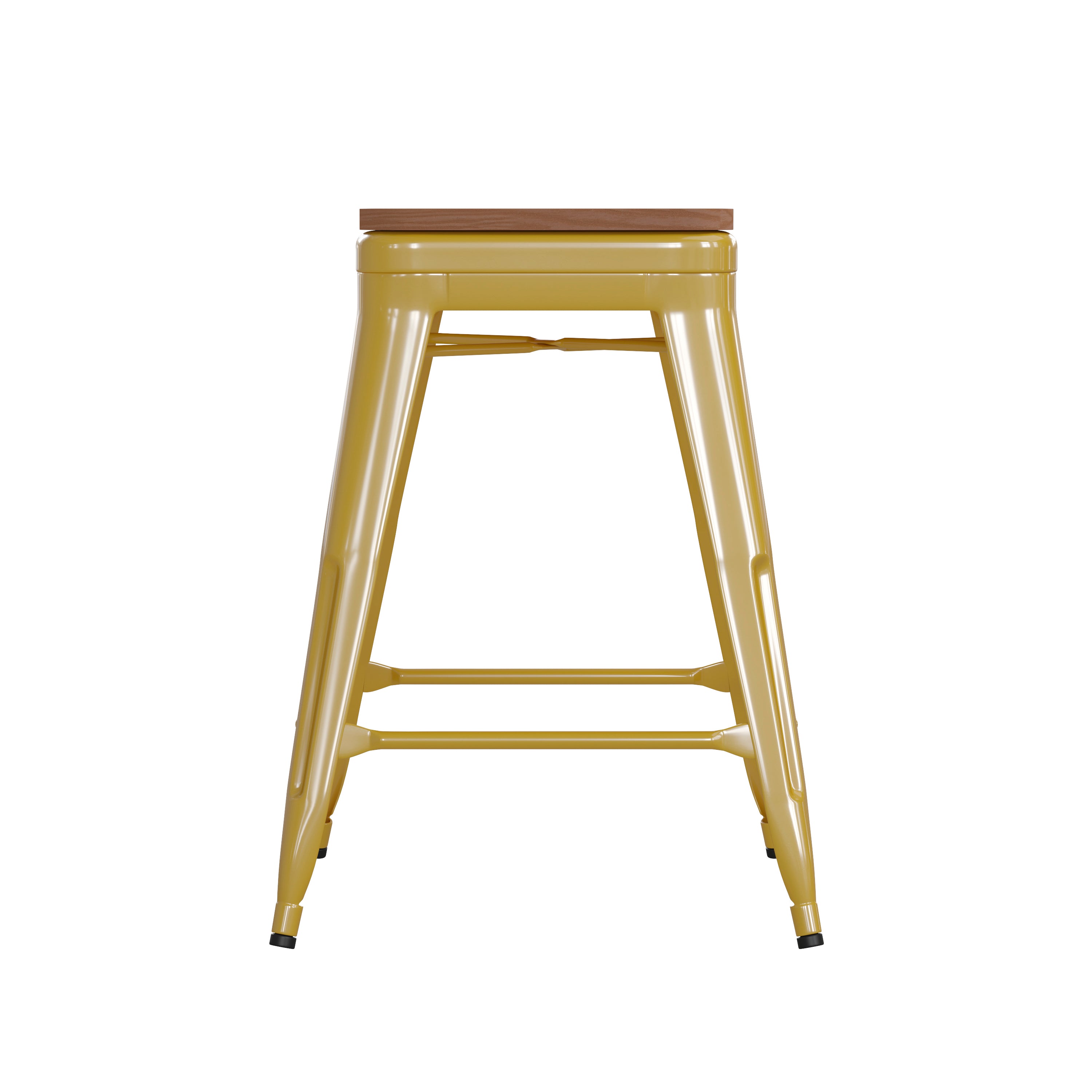 Kai Commercial Grade 24" High Backless Yellow Metal Indoor-Outdoor Counter Height Stool with Teak Poly Resin Wood Seat
