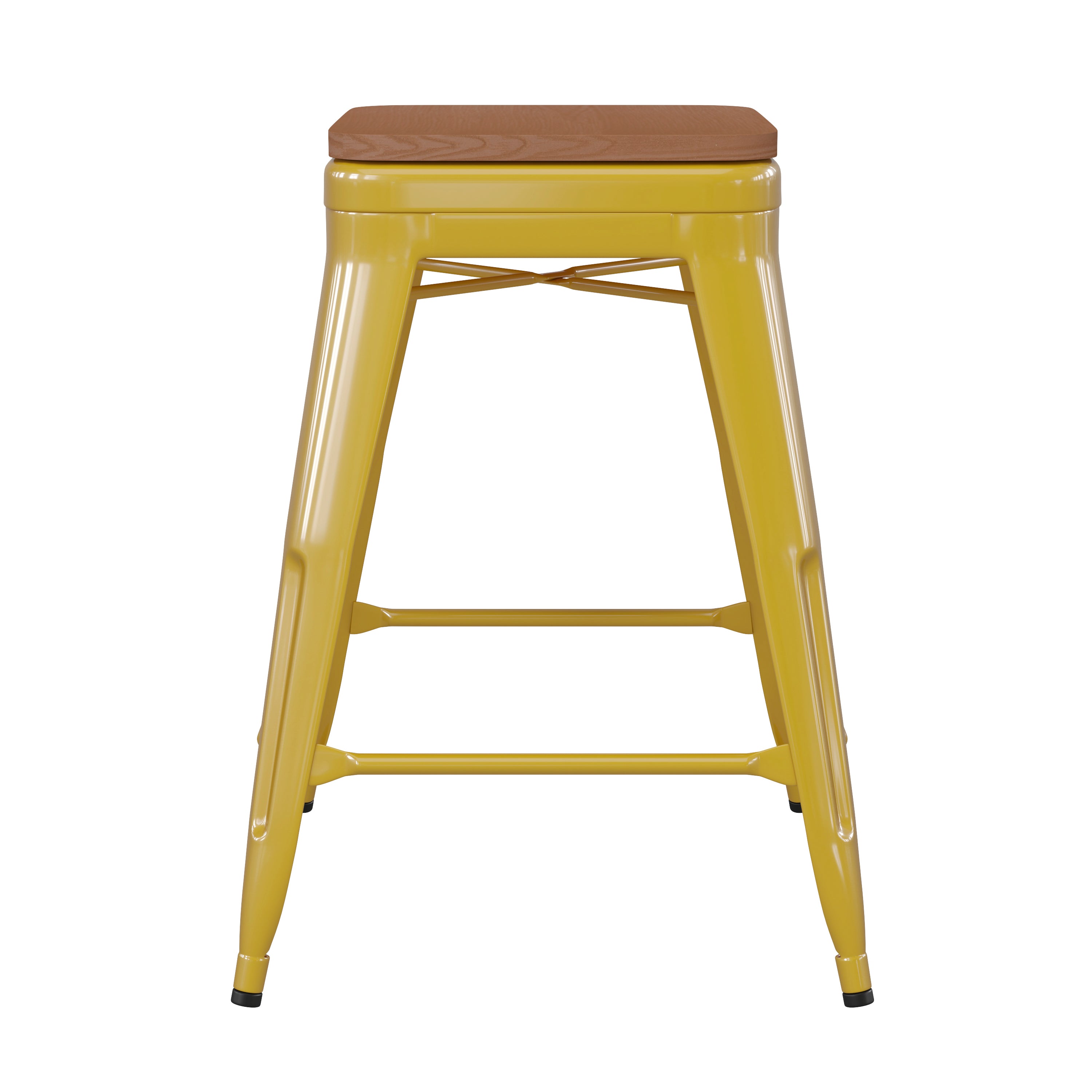 Kai Commercial Grade 24" High Backless Yellow Metal Indoor-Outdoor Counter Height Stool with Teak Poly Resin Wood Seat