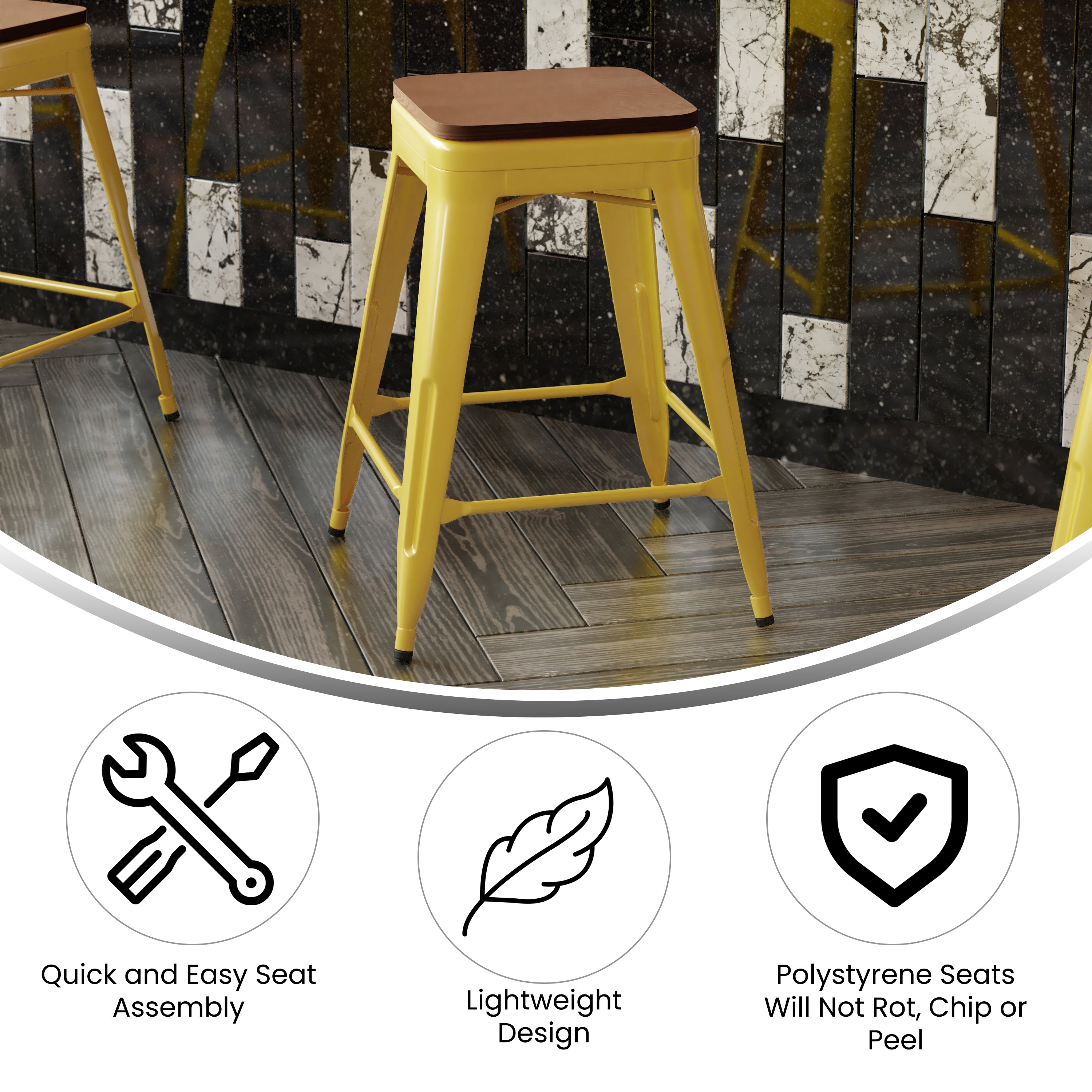 Kai Commercial Grade 24" High Backless Yellow Metal Indoor-Outdoor Counter Height Stool with Teak Poly Resin Wood Seat