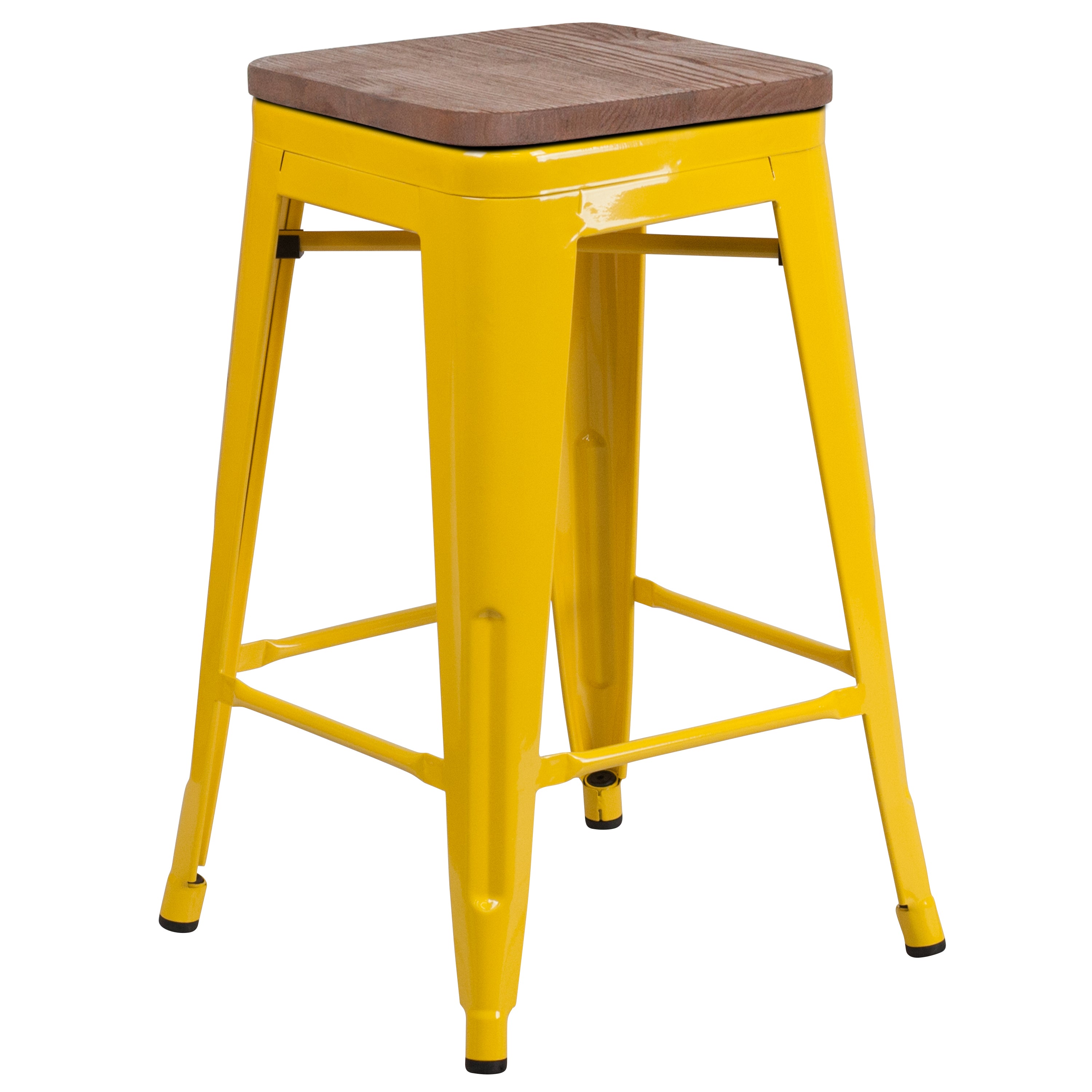 Lily 24" High Backless Yellow Metal Counter Height Stool with Square Wood Seat