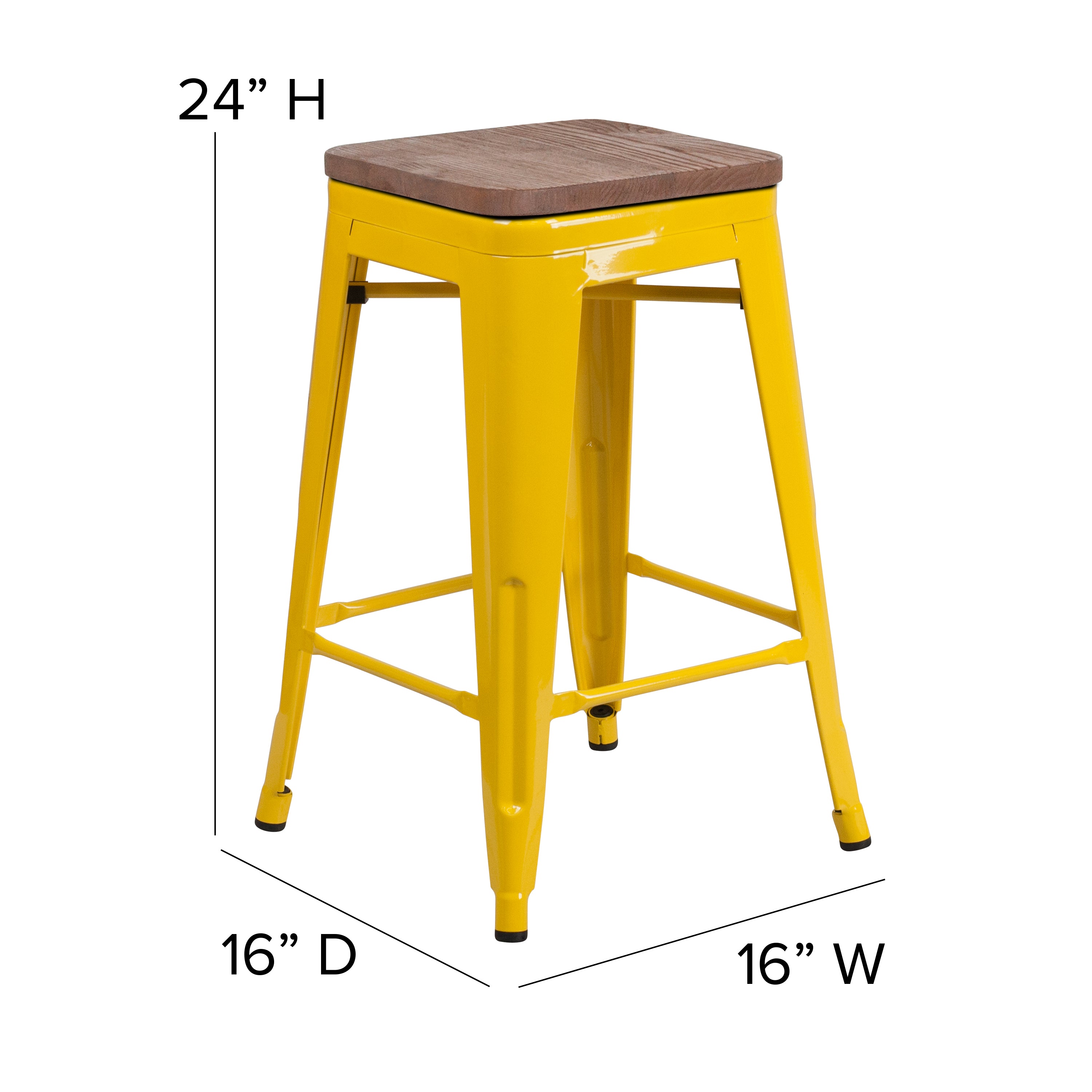 Lily 24" High Backless Yellow Metal Counter Height Stool with Square Wood Seat