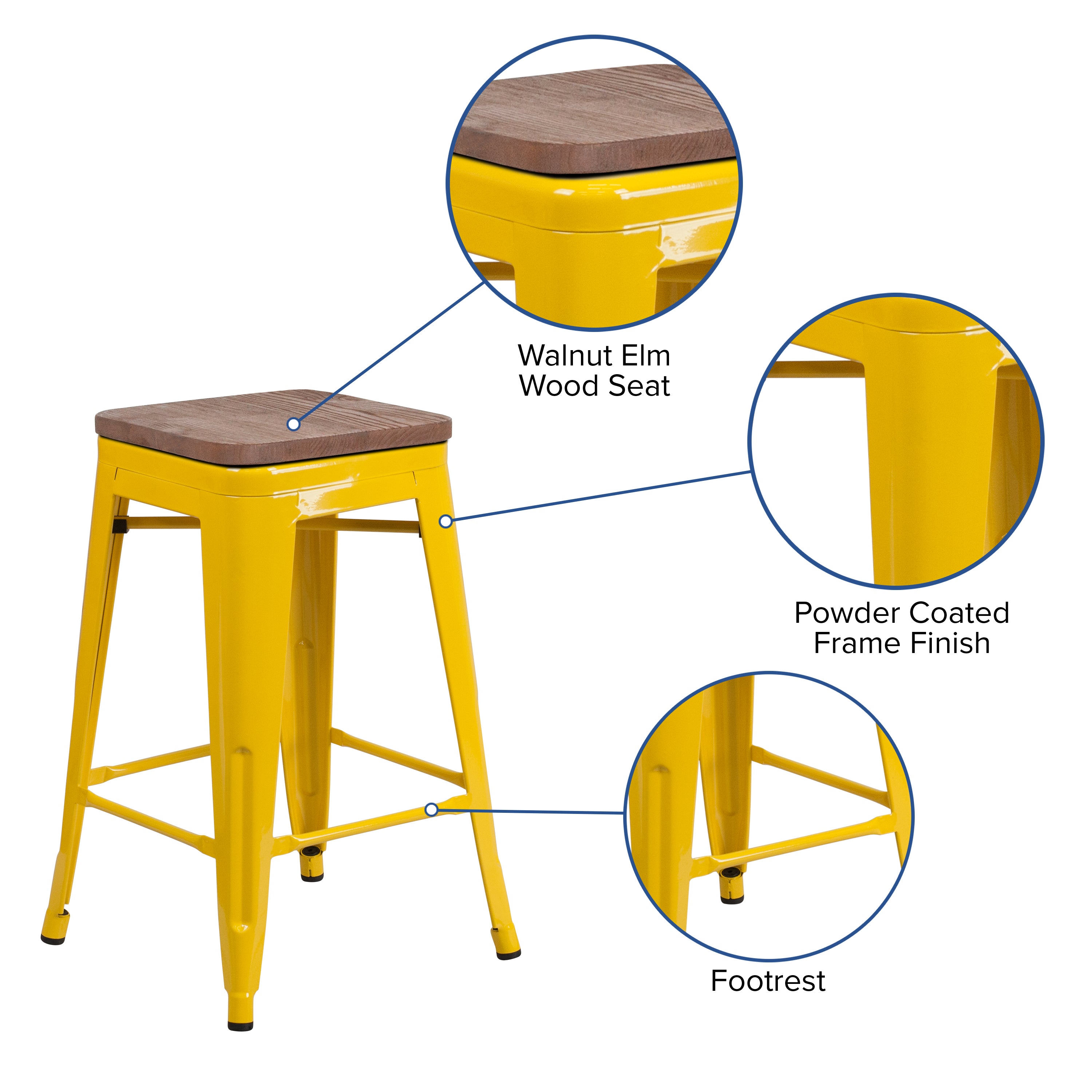 Lily 24" High Backless Yellow Metal Counter Height Stool with Square Wood Seat