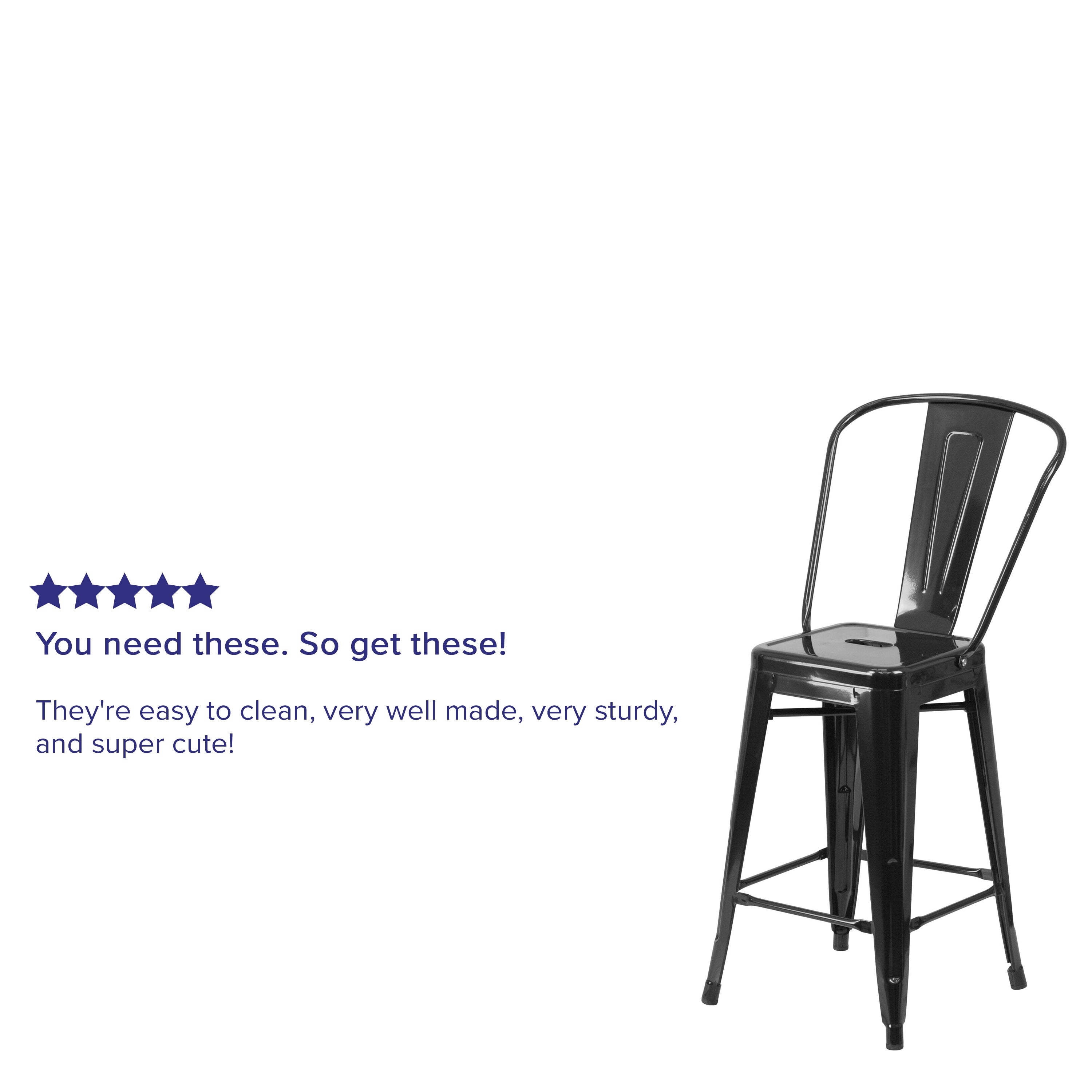 Kai Commercial Grade 24" High Black Metal Indoor-Outdoor Counter Height Stool with Removable Back