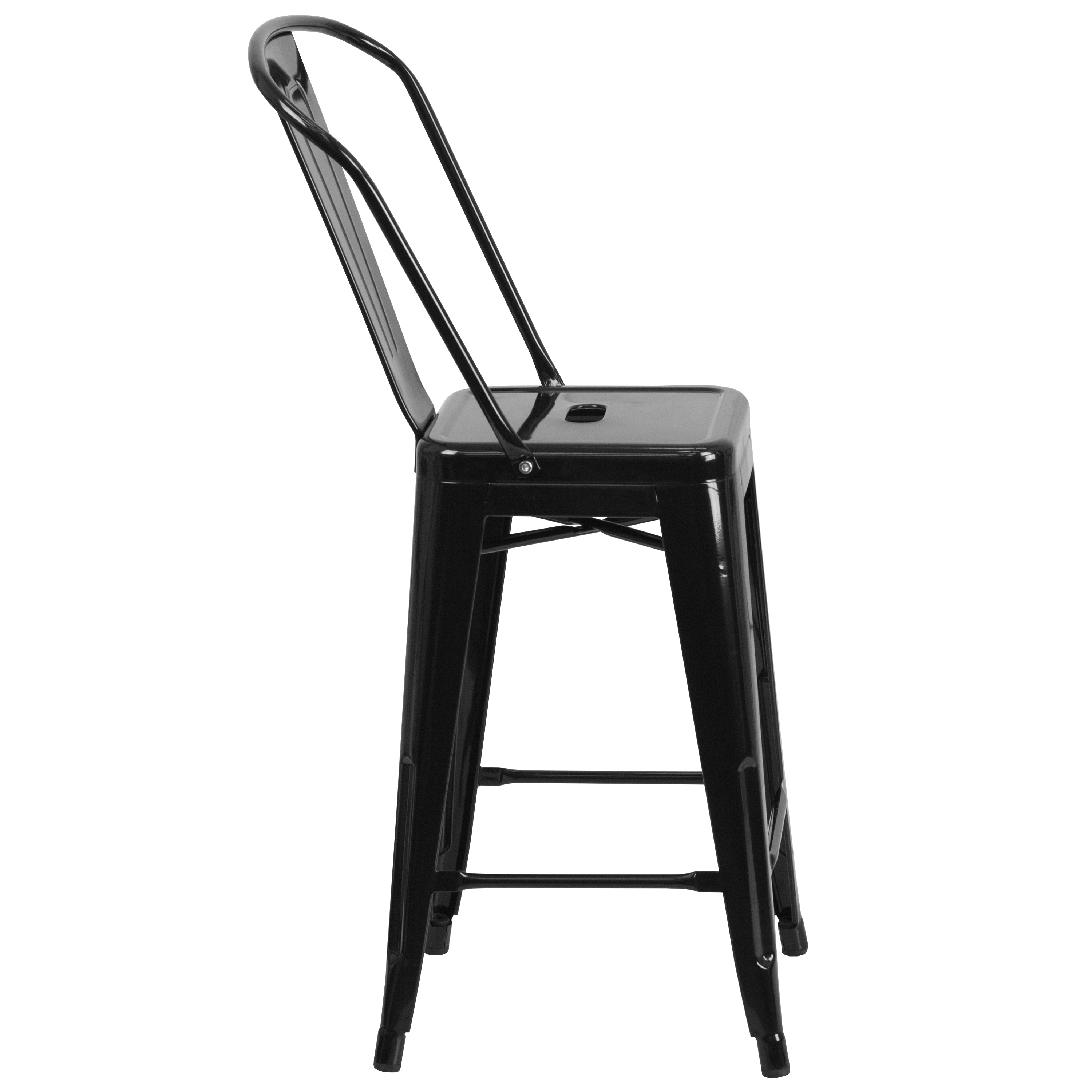 Kai Commercial Grade 24" High Black Metal Indoor-Outdoor Counter Height Stool with Removable Back