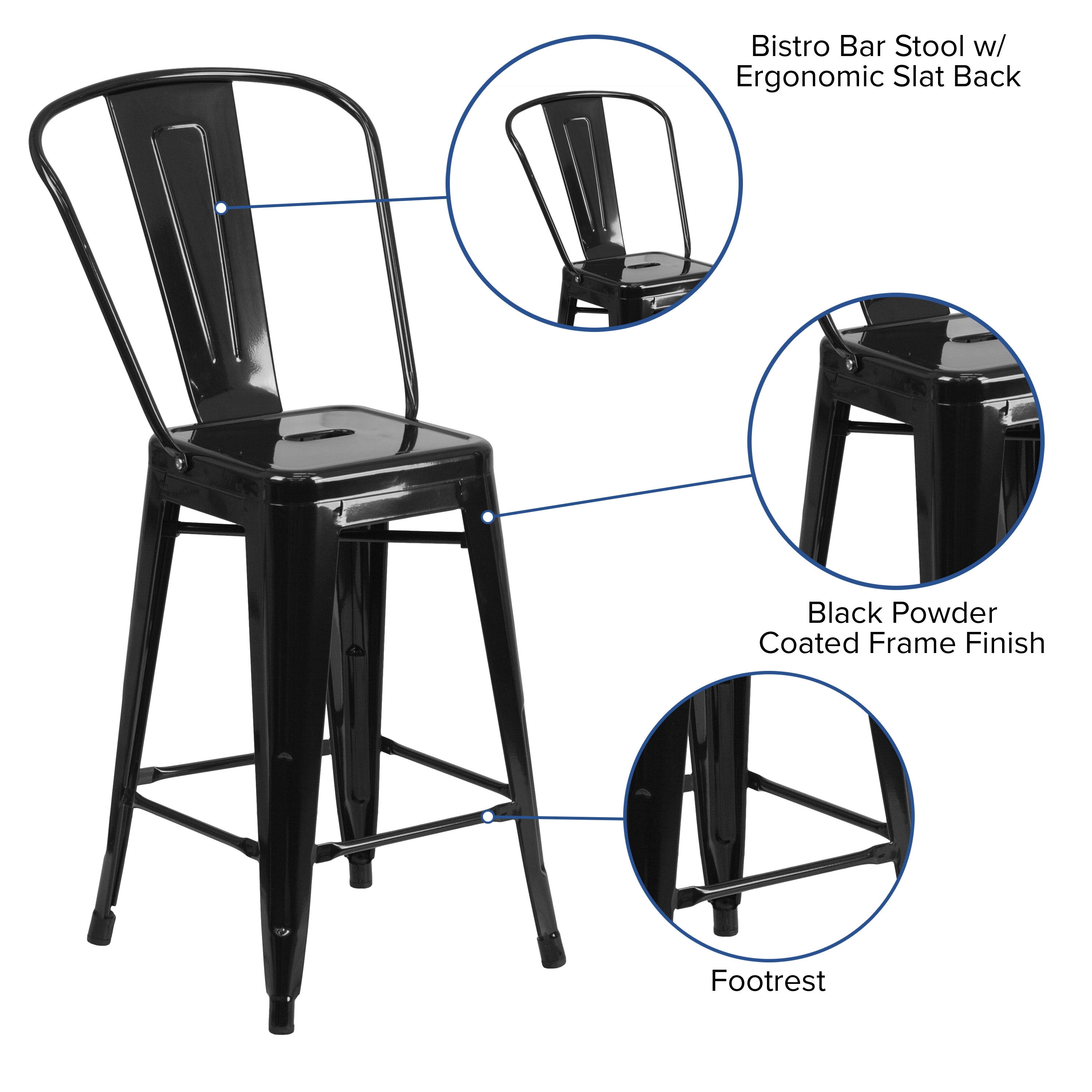 Kai Commercial Grade 24" High Black Metal Indoor-Outdoor Counter Height Stool with Removable Back