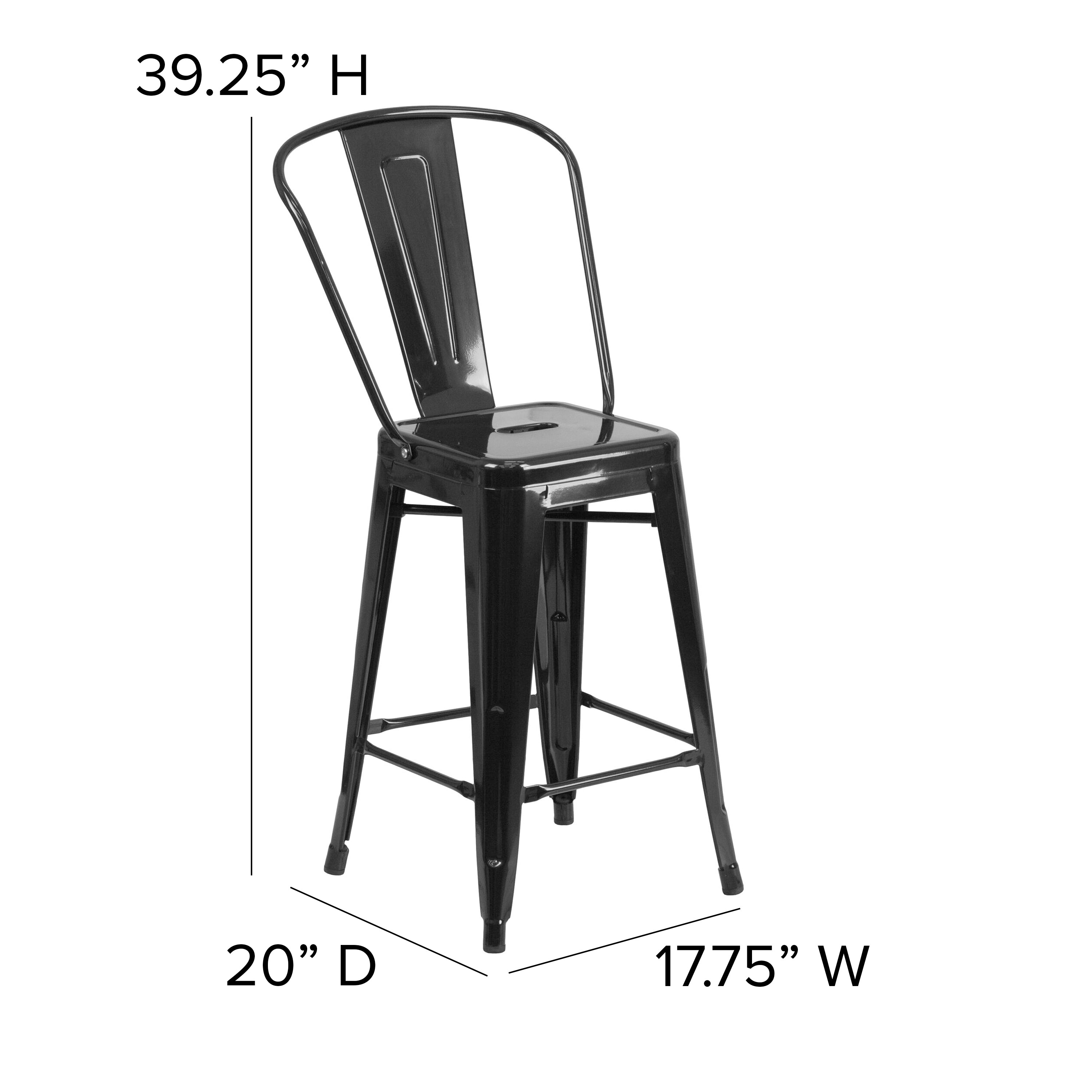 Kai Commercial Grade 24" High Black Metal Indoor-Outdoor Counter Height Stool with Removable Back and Black All-Weather Poly Resin Seat