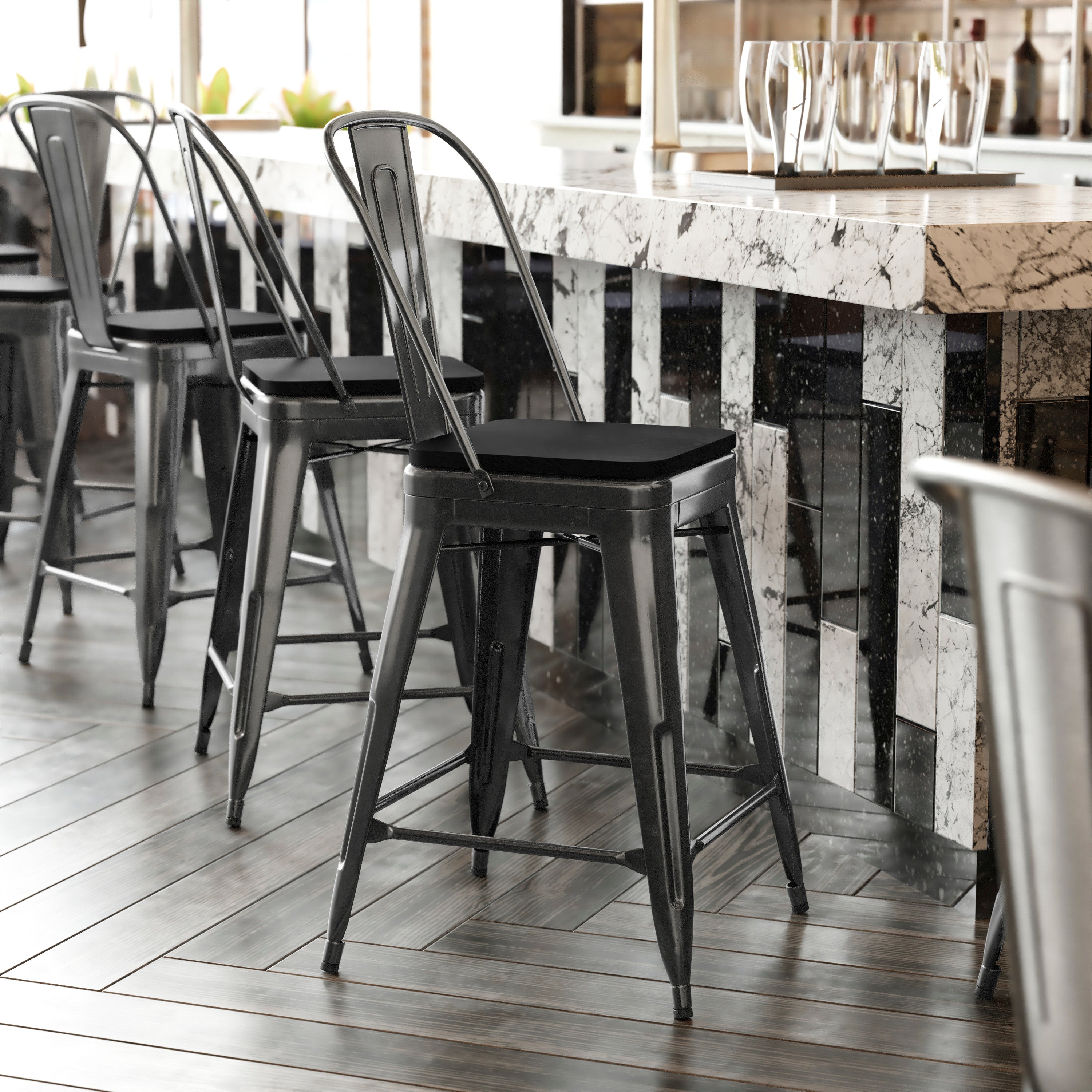 Kai Commercial Grade 24" High Black Metal Indoor-Outdoor Counter Height Stool with Removable Back and Black All-Weather Poly Resin Seat
