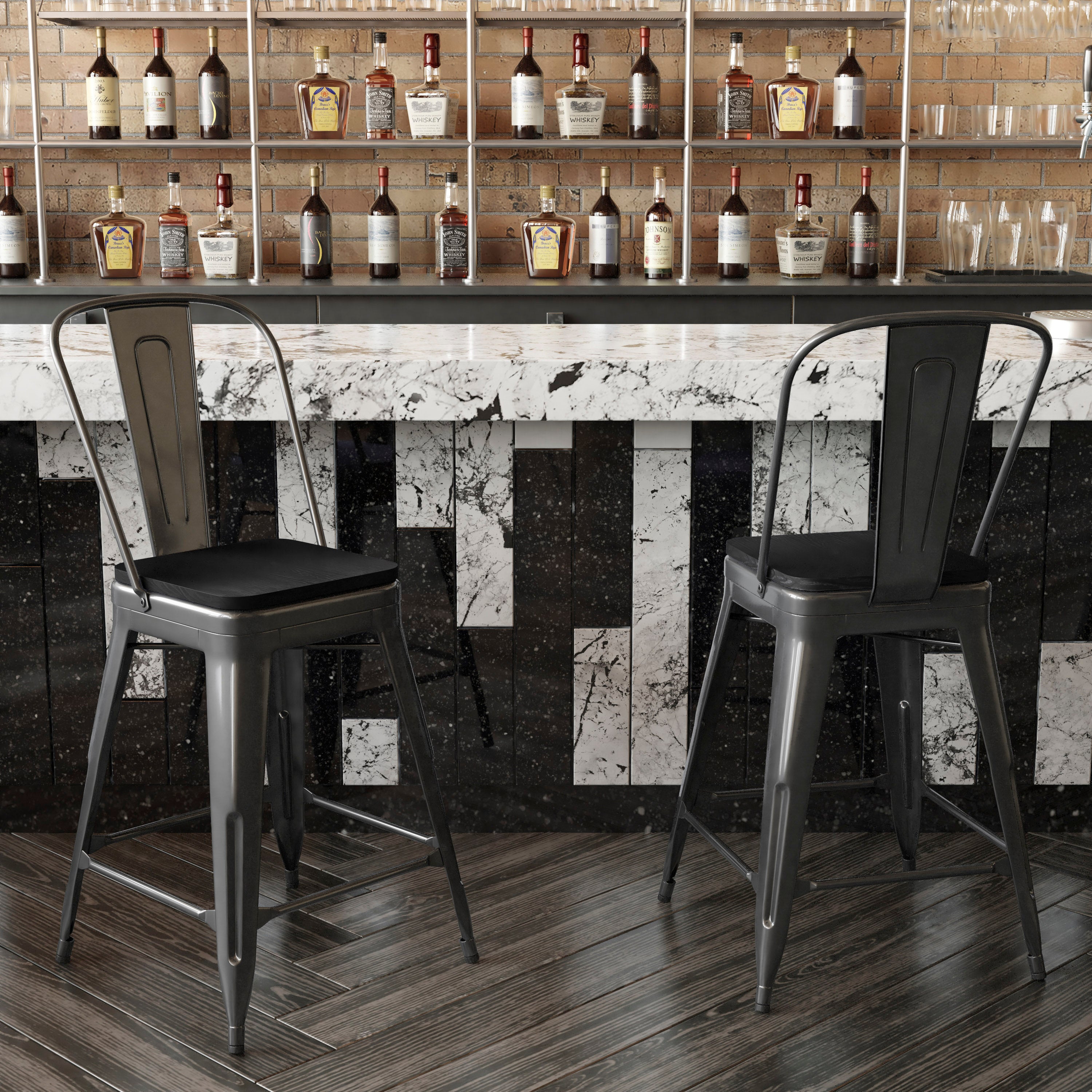 Kai Commercial Grade 24" High Black Metal Indoor-Outdoor Counter Height Stool with Removable Back and Black All-Weather Poly Resin Seat