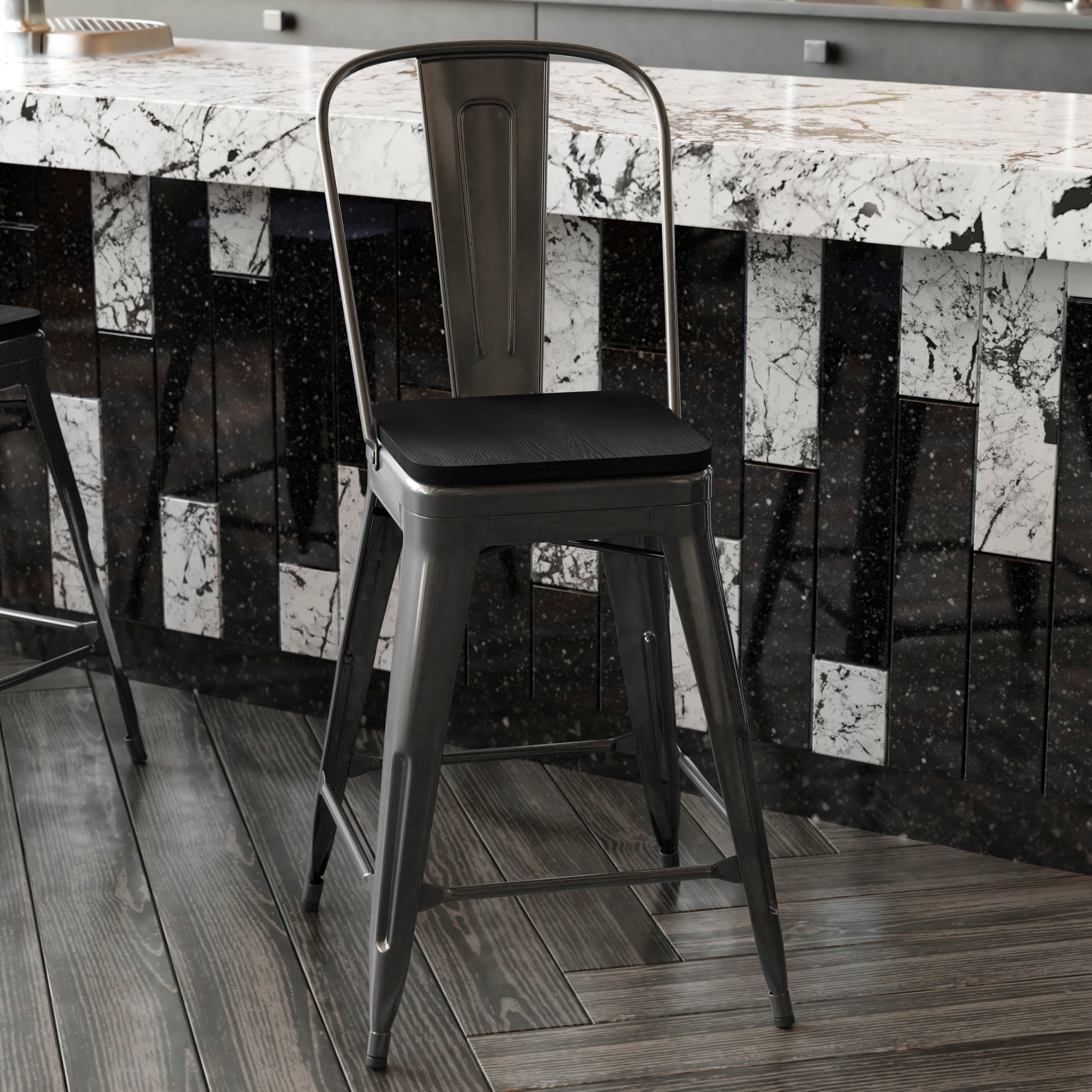 Kai Commercial Grade 24" High Black Metal Indoor-Outdoor Counter Height Stool with Removable Back and Black All-Weather Poly Resin Seat