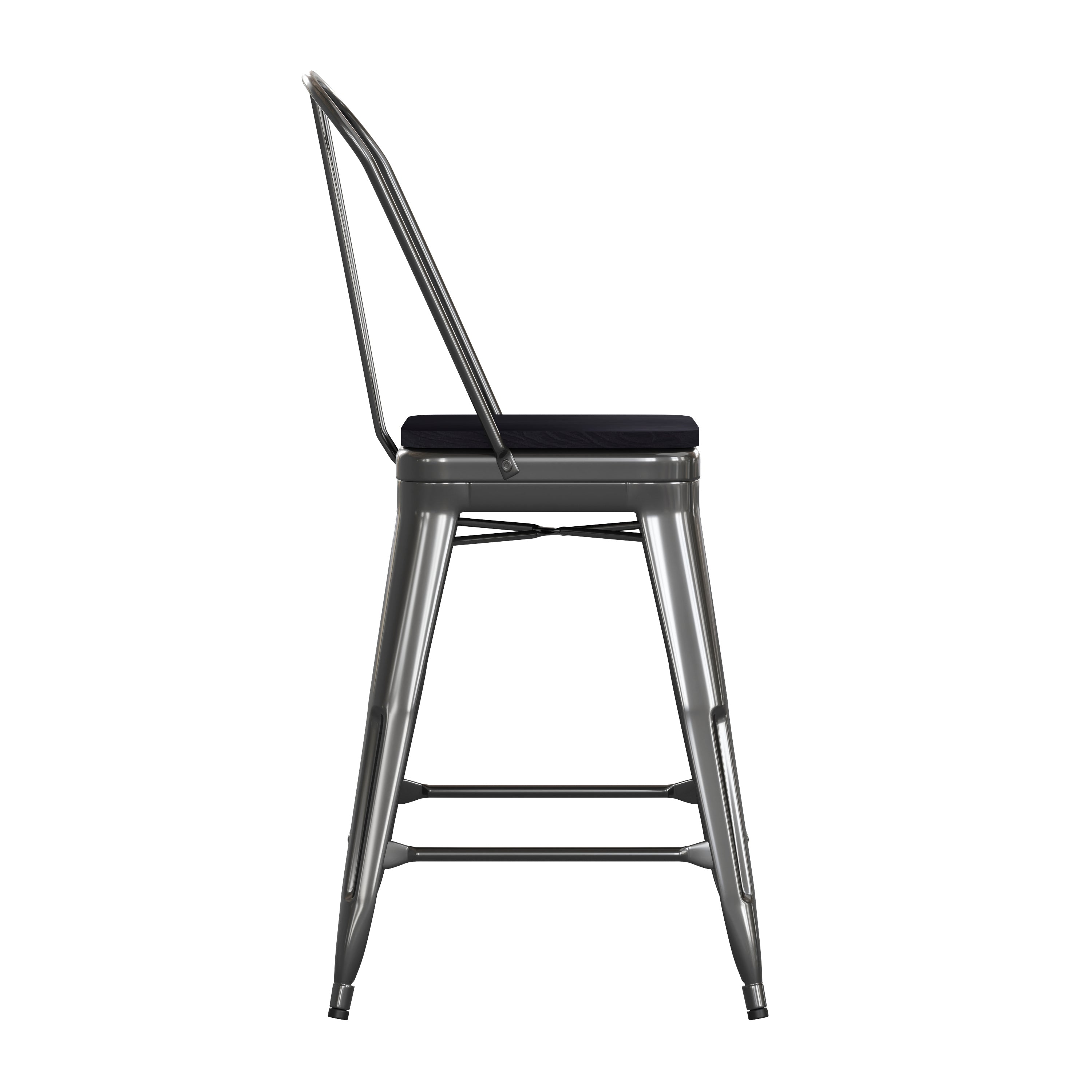 Kai Commercial Grade 24" High Black Metal Indoor-Outdoor Counter Height Stool with Removable Back and Black All-Weather Poly Resin Seat