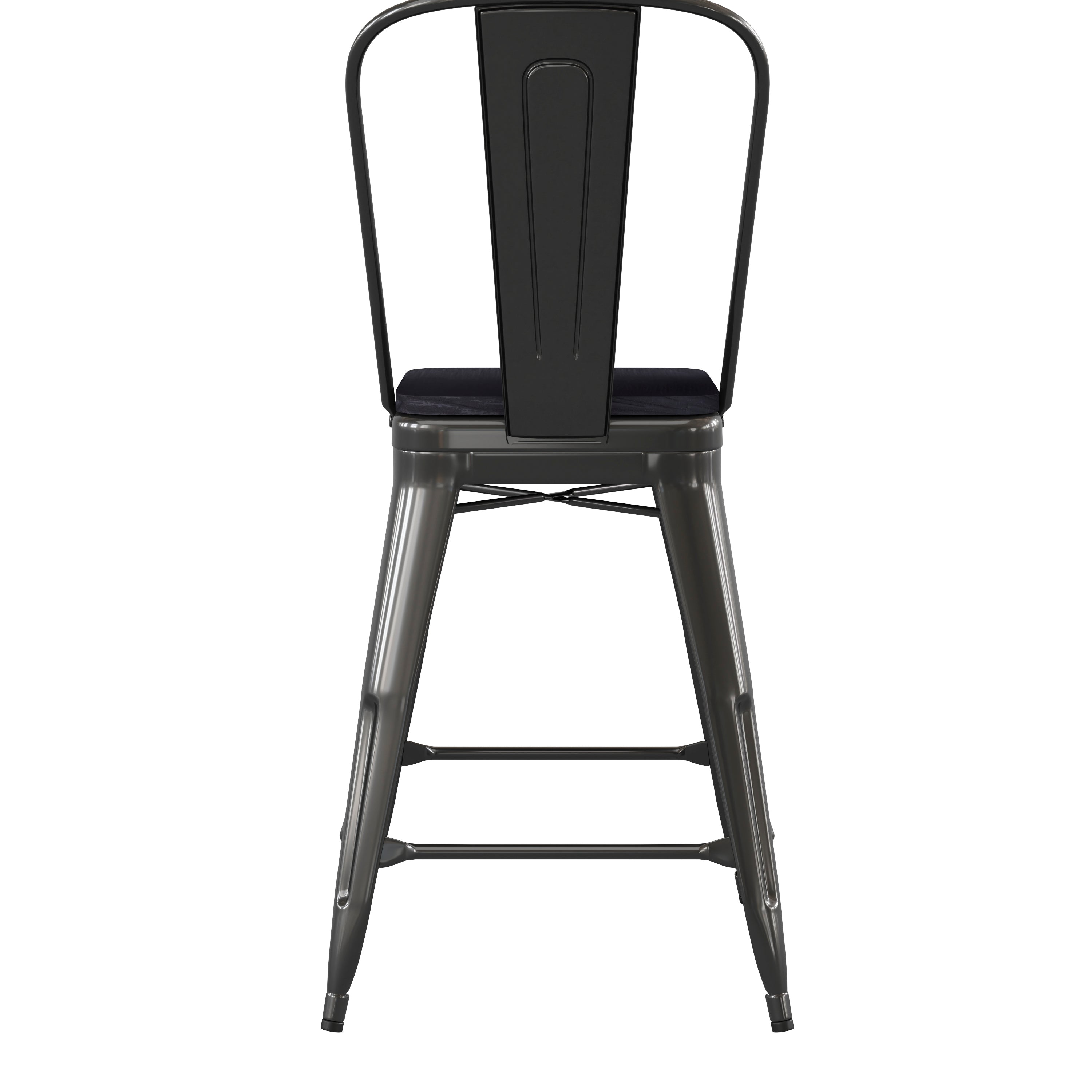 Kai Commercial Grade 24" High Black Metal Indoor-Outdoor Counter Height Stool with Removable Back and Black All-Weather Poly Resin Seat