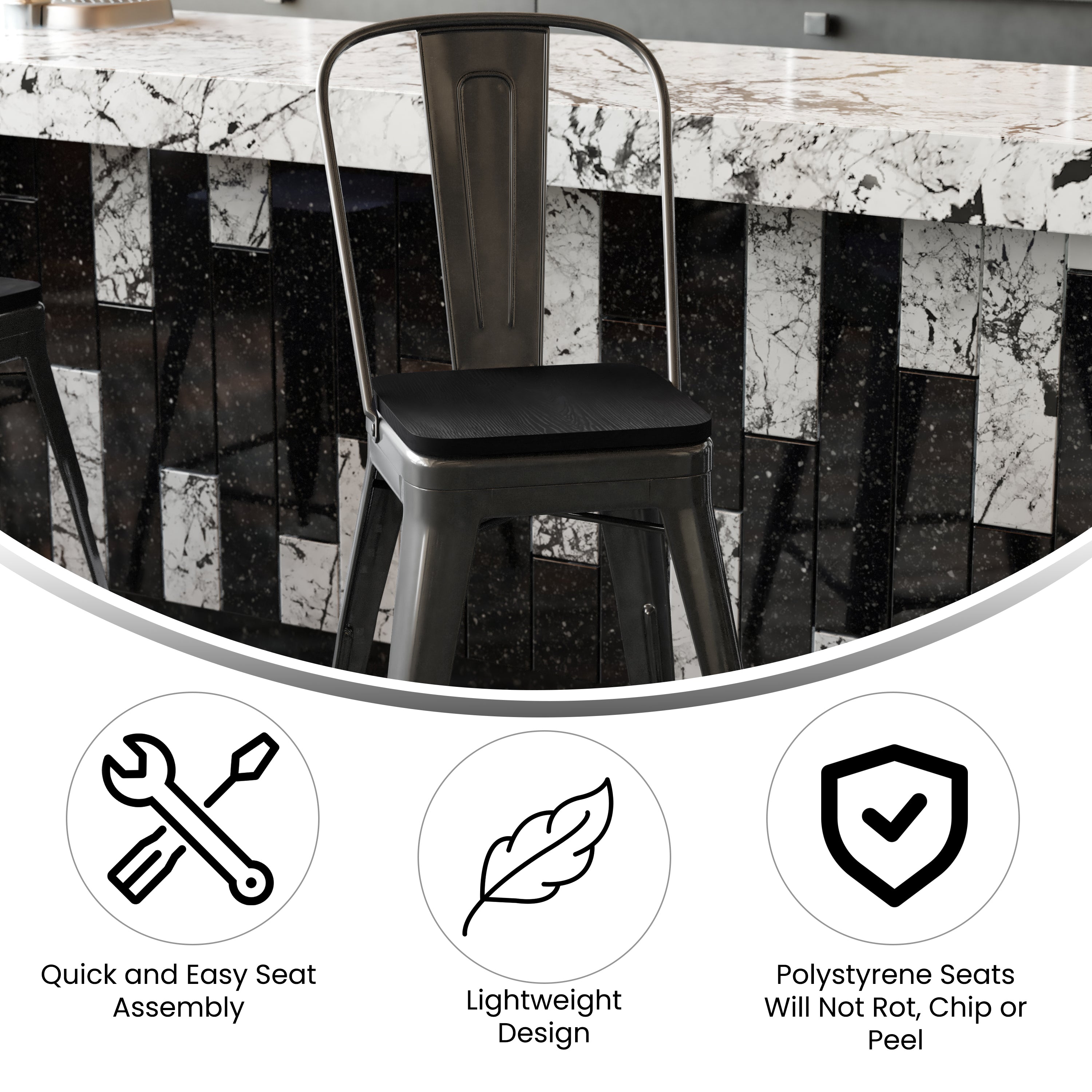 Kai Commercial Grade 24" High Black Metal Indoor-Outdoor Counter Height Stool with Removable Back and Black All-Weather Poly Resin Seat
