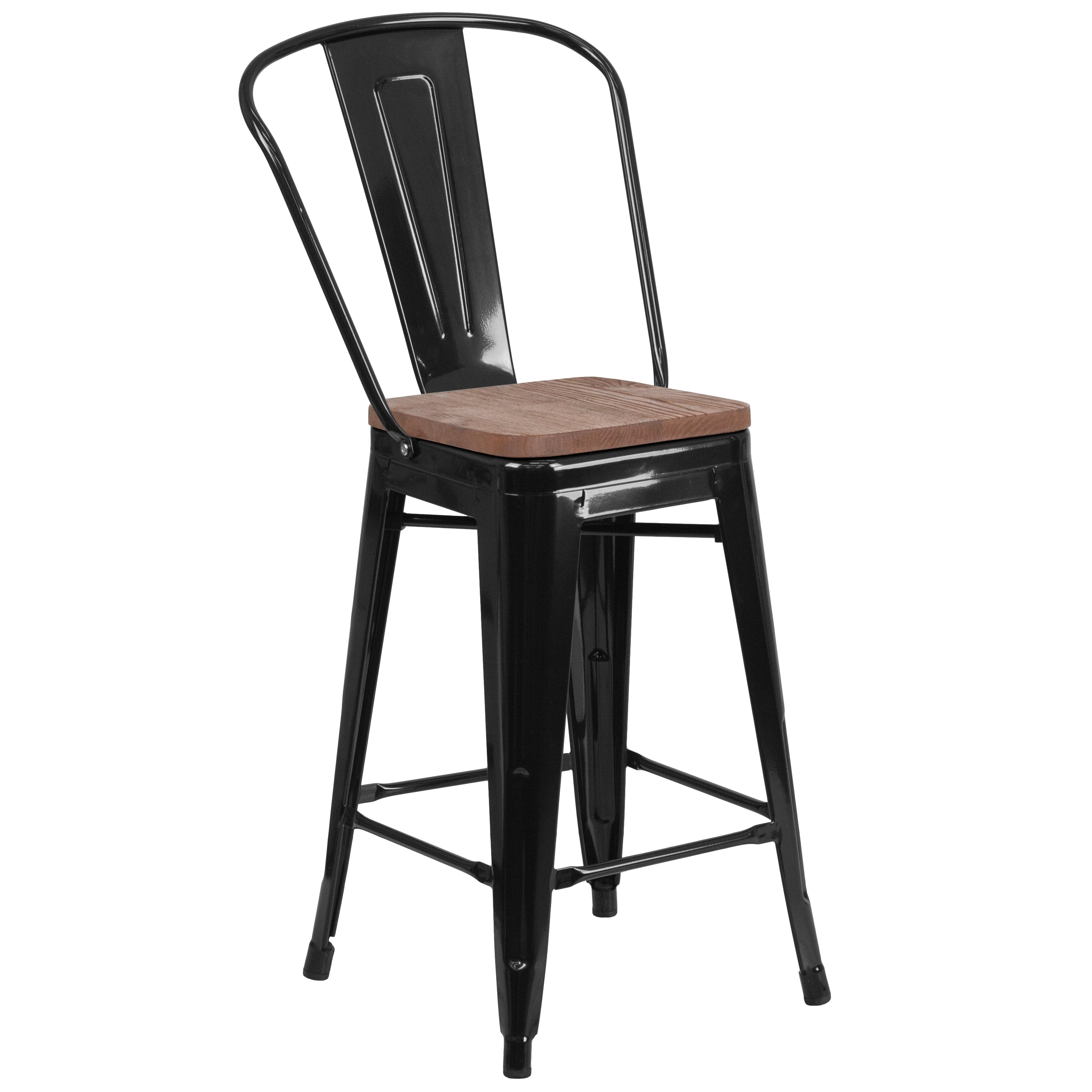 Lily 24" High Black Metal Counter Height Stool with Back and Wood Seat
